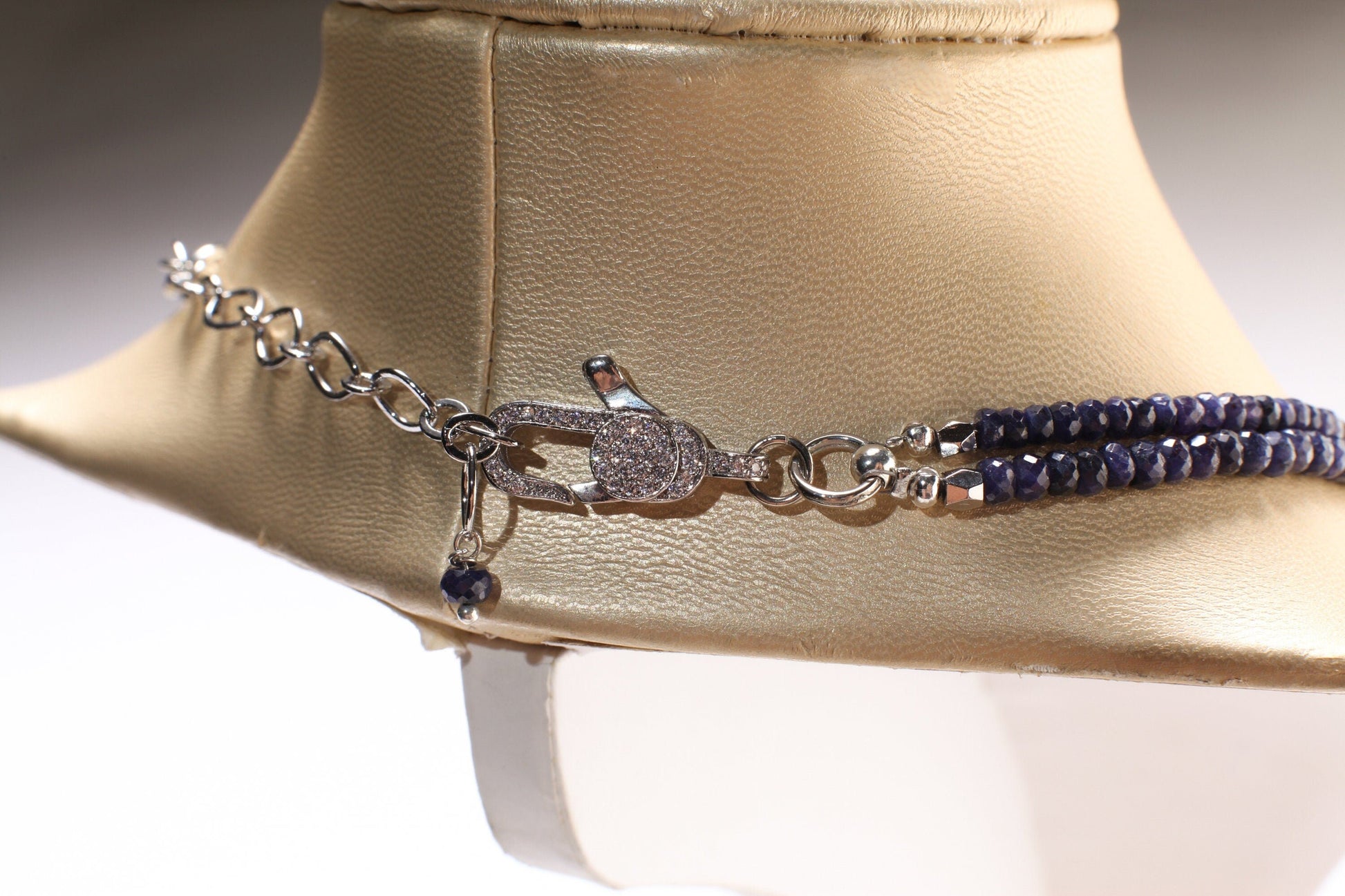 2 Line Sapphire Gemstone Faceted Roundel 4mm Statement Necklace,Adjustable CZ Rhodium Lobster Clasp, 16" - 17" plus 3" extent to 20"