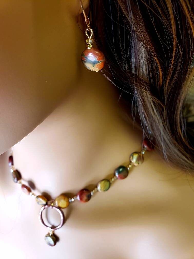 Natural Picasso Jasper 12mm Disk Shape Copper Circle Dangling Pendant 18" Necklace with Matching Gold Earrings Jewelry Set