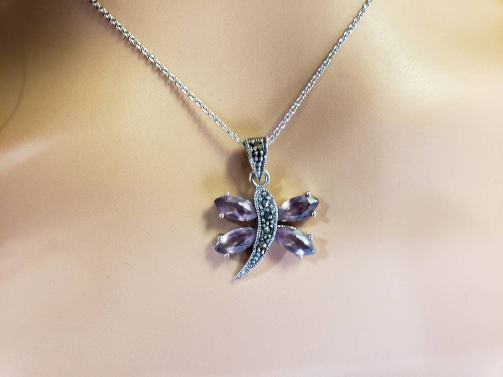 Marcasite 925 Sterling Pink Amethyst Dragonfly Pendant Necklace with Rhodium Non Tarnish Sterling Silver Chain, Vintage, Antique gift