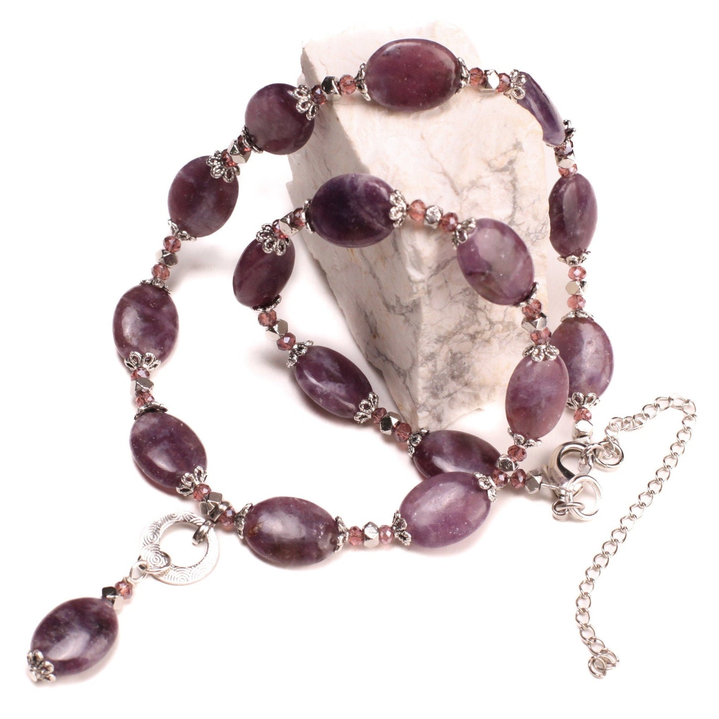 Lepidolite smooth oval 12x16mm with Bali style spacer Dangling Lepidolite rhodium pendant 18" plus 4" Extension natural gemstone Necklace