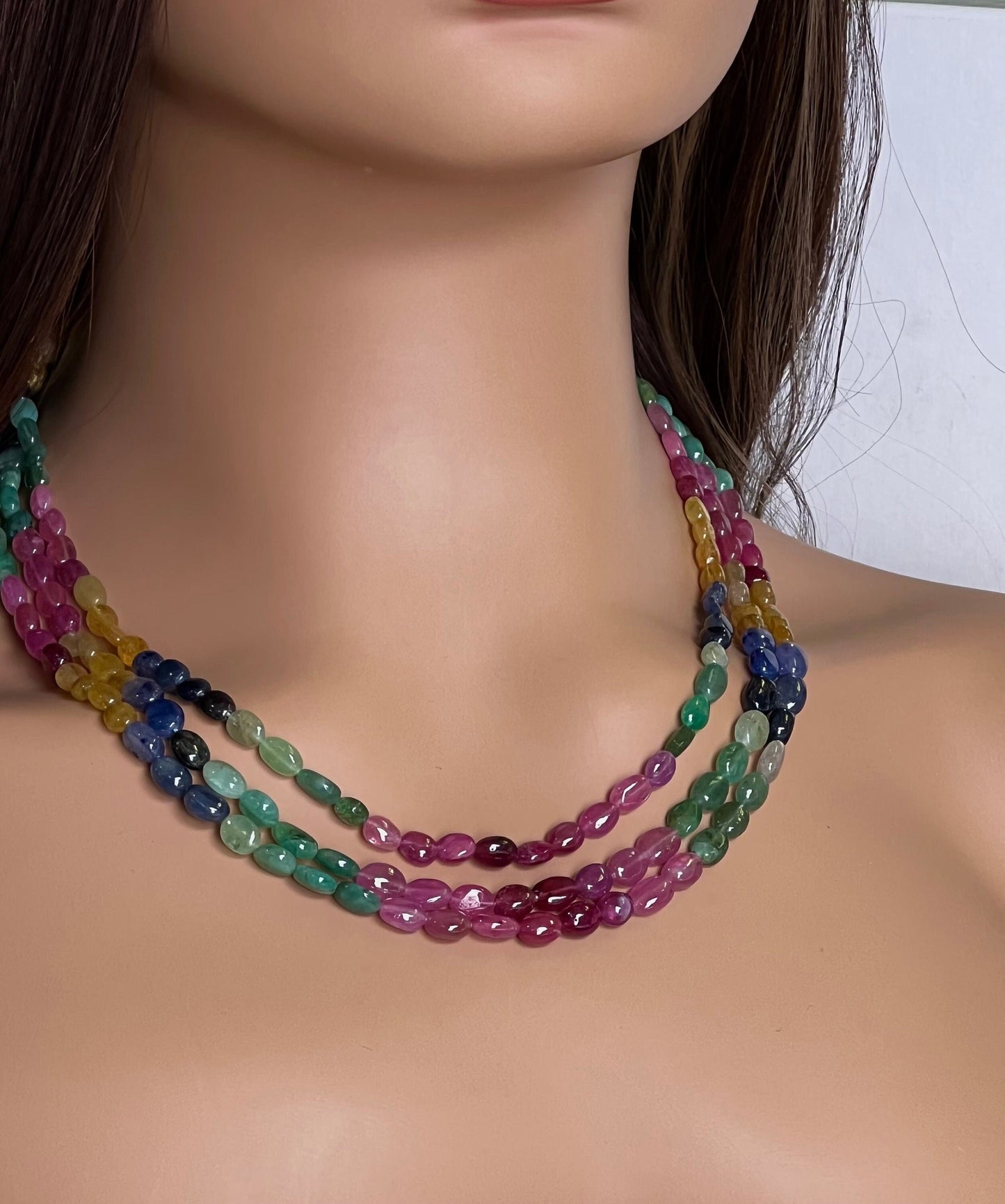Genuine Multi Sapphire ruby emerald smooth oval 6.5-8.8mm Gemstones 3 Line Layer Adjustable thread Necklace 15"-17” necklace 339 cts