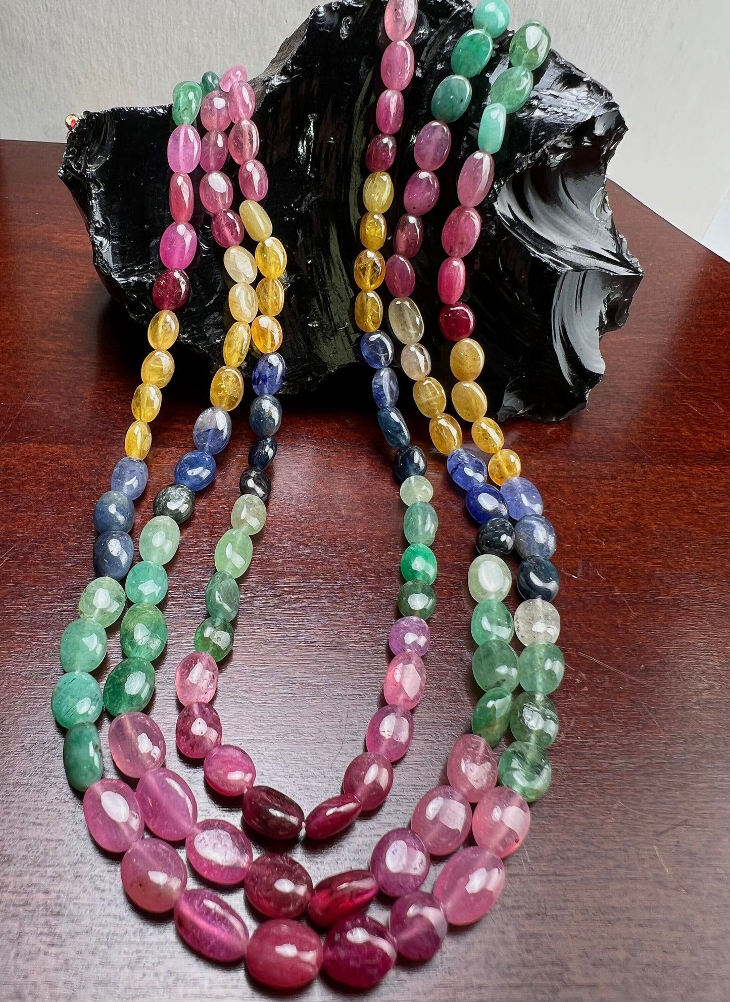 Genuine Multi Sapphire ruby emerald smooth oval 6.5-8.8mm Gemstones 3 Line Layer Adjustable thread Necklace 15"-17” necklace 339 cts