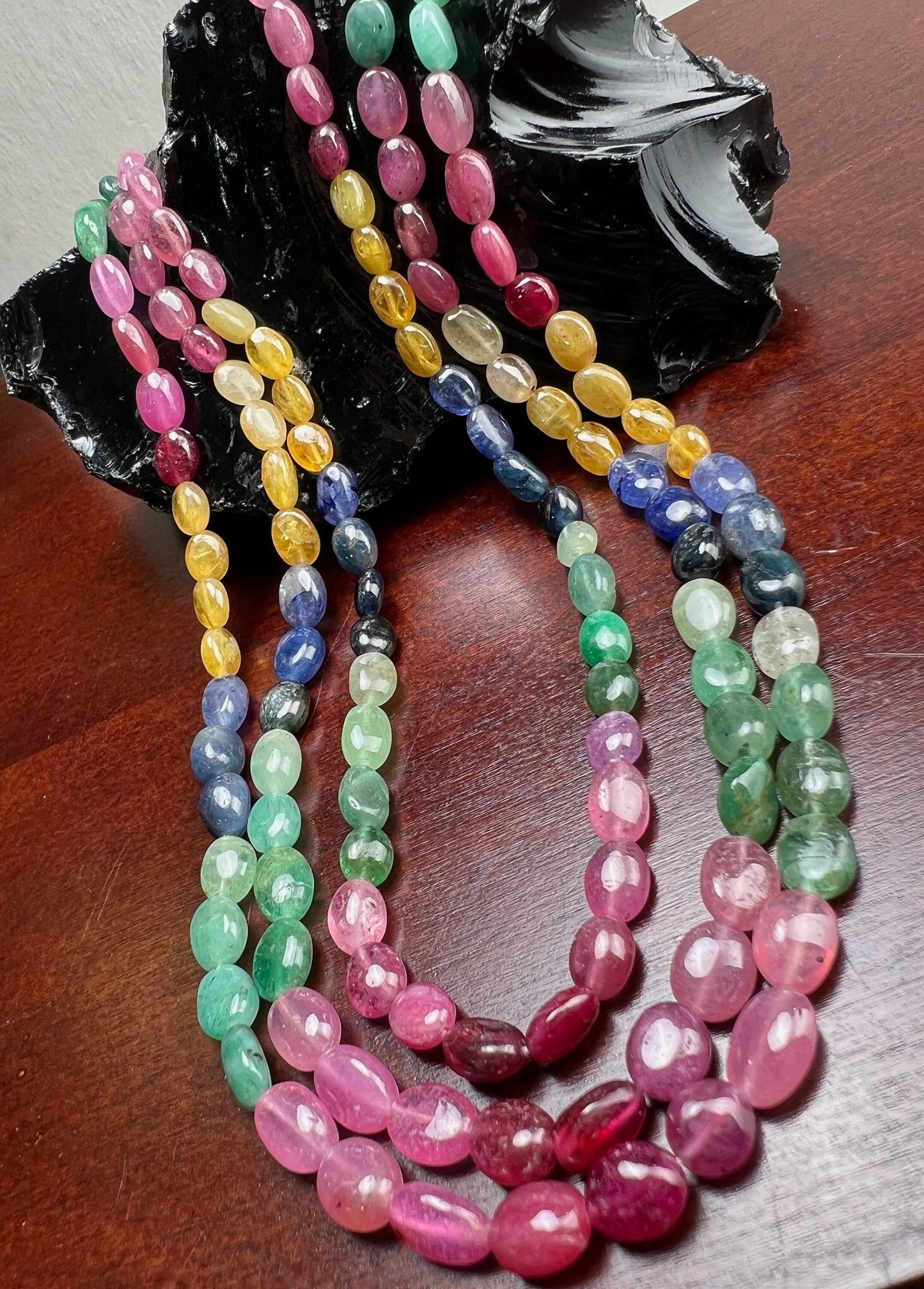Genuine Multi Sapphire ruby emerald smooth oval 6.5-8.8mm Gemstones 3 Line Layer Adjustable thread Necklace 15"-17” necklace 339 cts