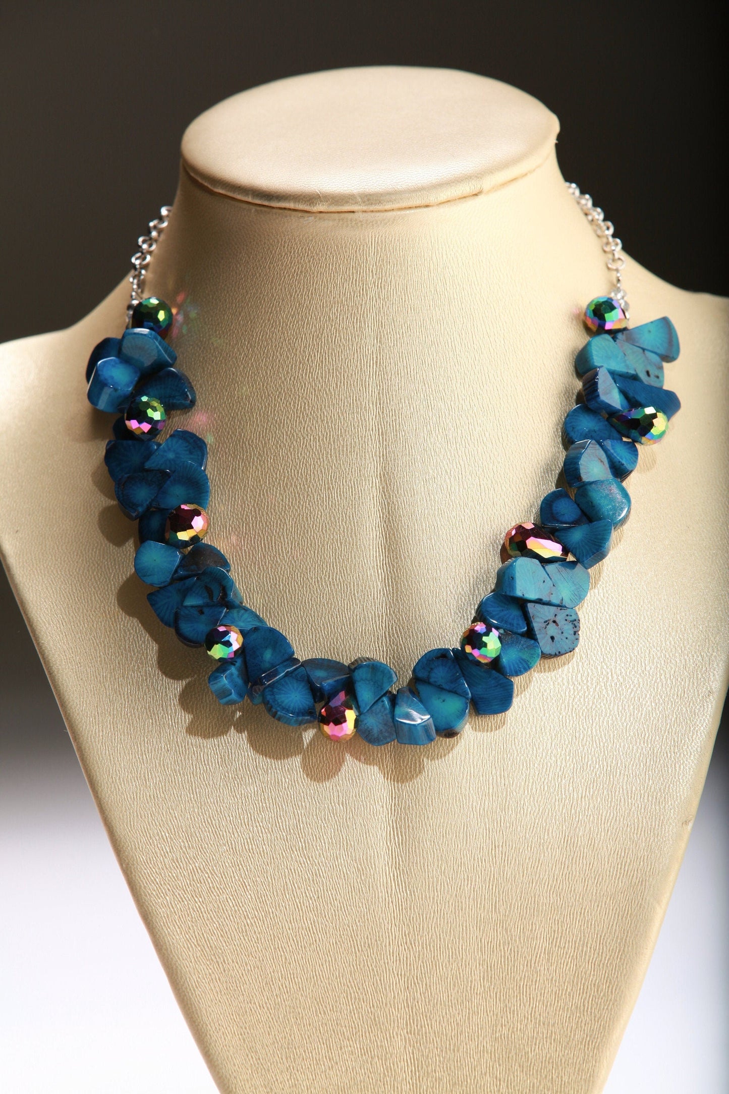 Genuine Bamboo Coral Heat Treated Blue Coral Teardrop 9x11-12x16mm,Accent AB Crystal Briolette,Adjustable 13"- 16" Pear Drop Choker Necklace
