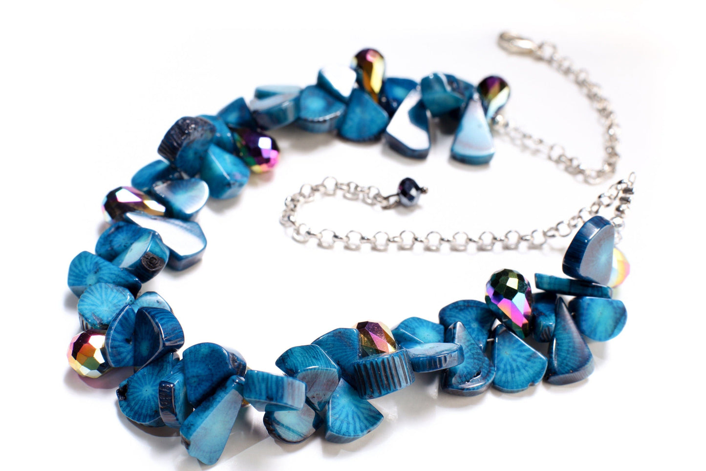 Genuine Bamboo Coral Heat Treated Blue Coral Teardrop 9x11-12x16mm,Accent AB Crystal Briolette,Adjustable 13"- 16" Pear Drop Choker Necklace