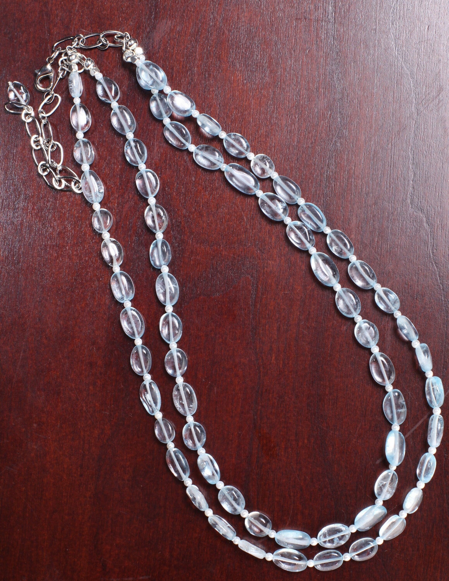 Aqua Blue Quartz Free Form Oval 6x9-7x11mm, 2.5mm Freshwater Pearl Round Spacers 2 Strand Necklace 17.5" with 4.5" Extend to 21". Gift
