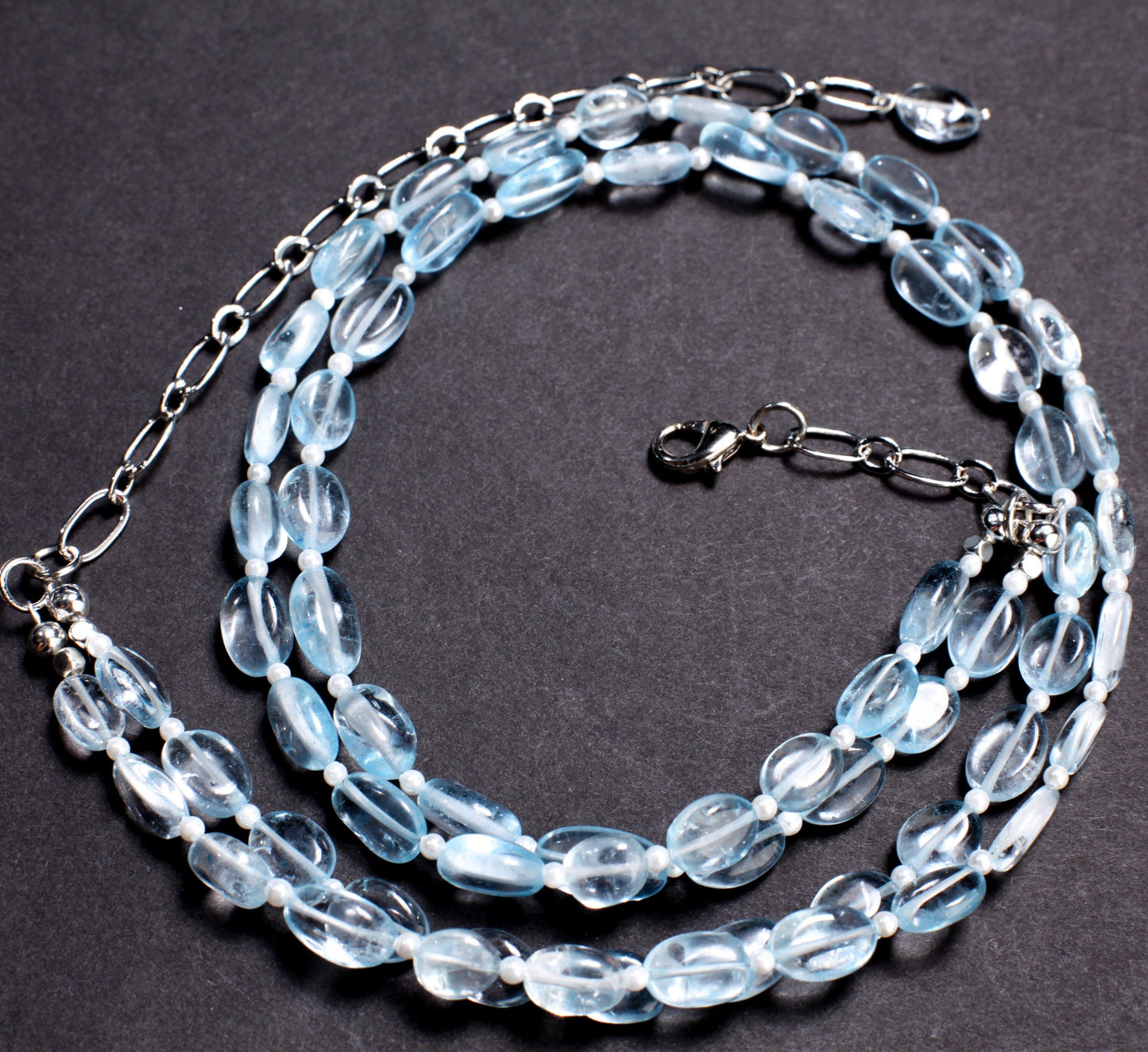 Aqua Blue Quartz Free Form Oval 6x9-7x11mm, 2.5mm Freshwater Pearl Round Spacers 2 Strand Necklace 17.5" with 4.5" Extend to 21". Gift