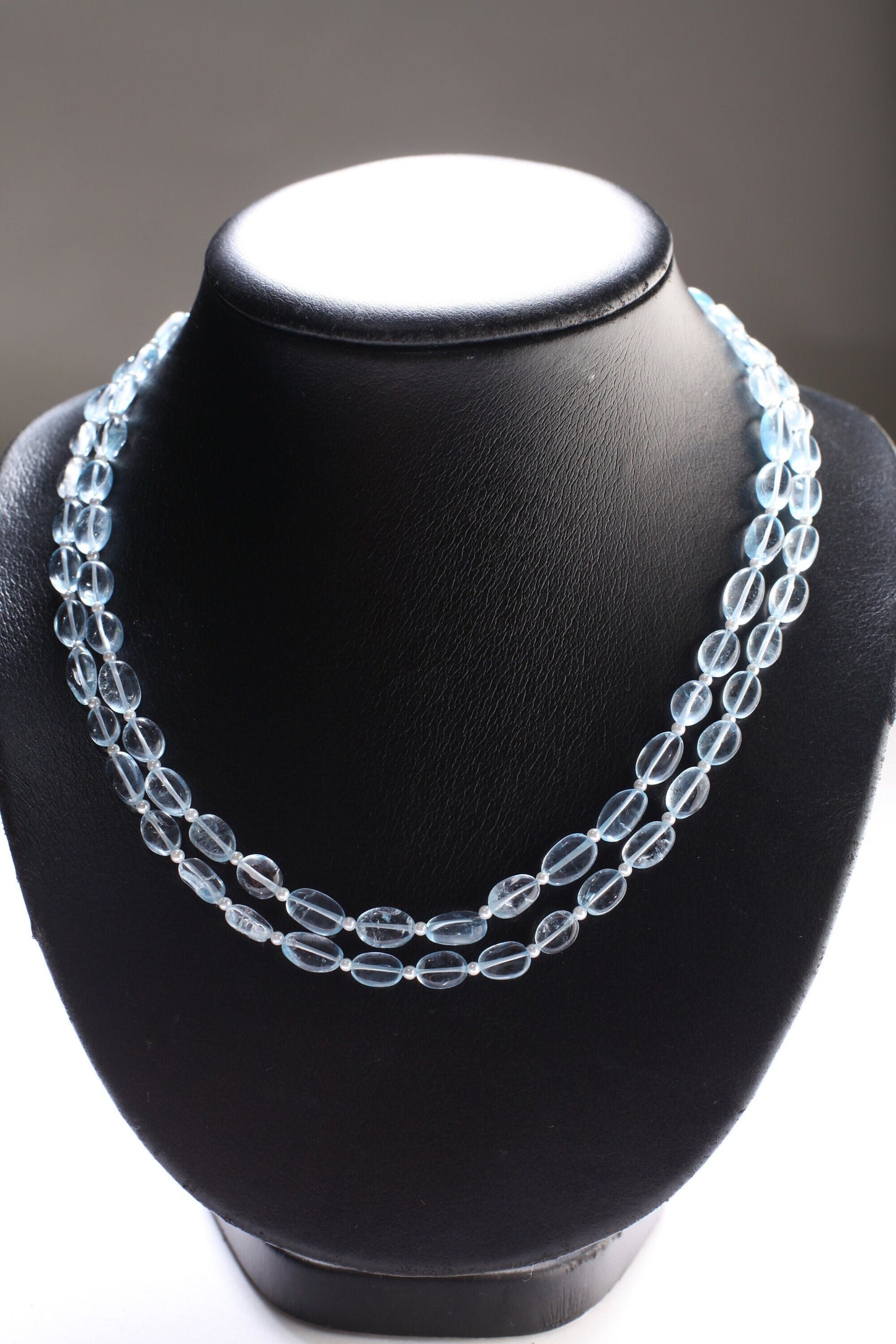 Aqua Blue Quartz Free Form Oval 6x9-7x11mm, 2.5mm Freshwater Pearl Round Spacers 2 Strand Necklace 17.5" with 4.5" Extend to 21". Gift
