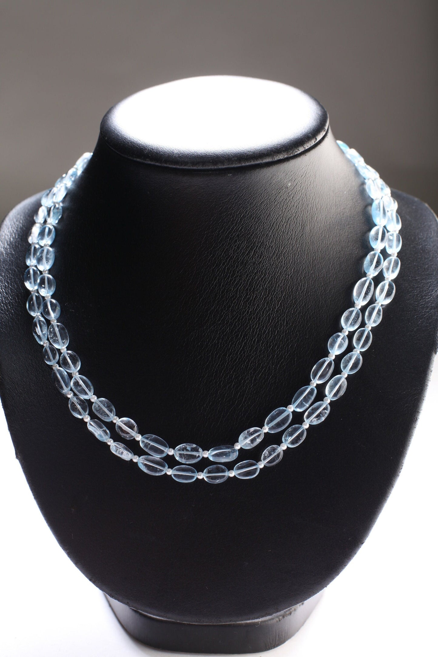 Aqua Blue Quartz Free Form Oval 6x9-7x11mm, 2.5mm Freshwater Pearl Round Spacers 2 Strand Necklace 17.5" with 4.5" Extend to 21". Gift