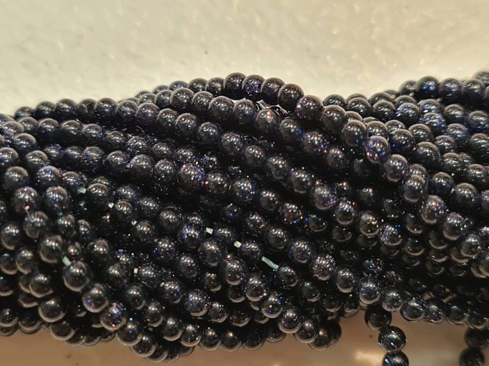 Navy Blue Gold Sandstone 2mm Round Beads, Jewelry Making Round Polished Gemstone Beads, DIY Necklace, Bracelet 16" Strand