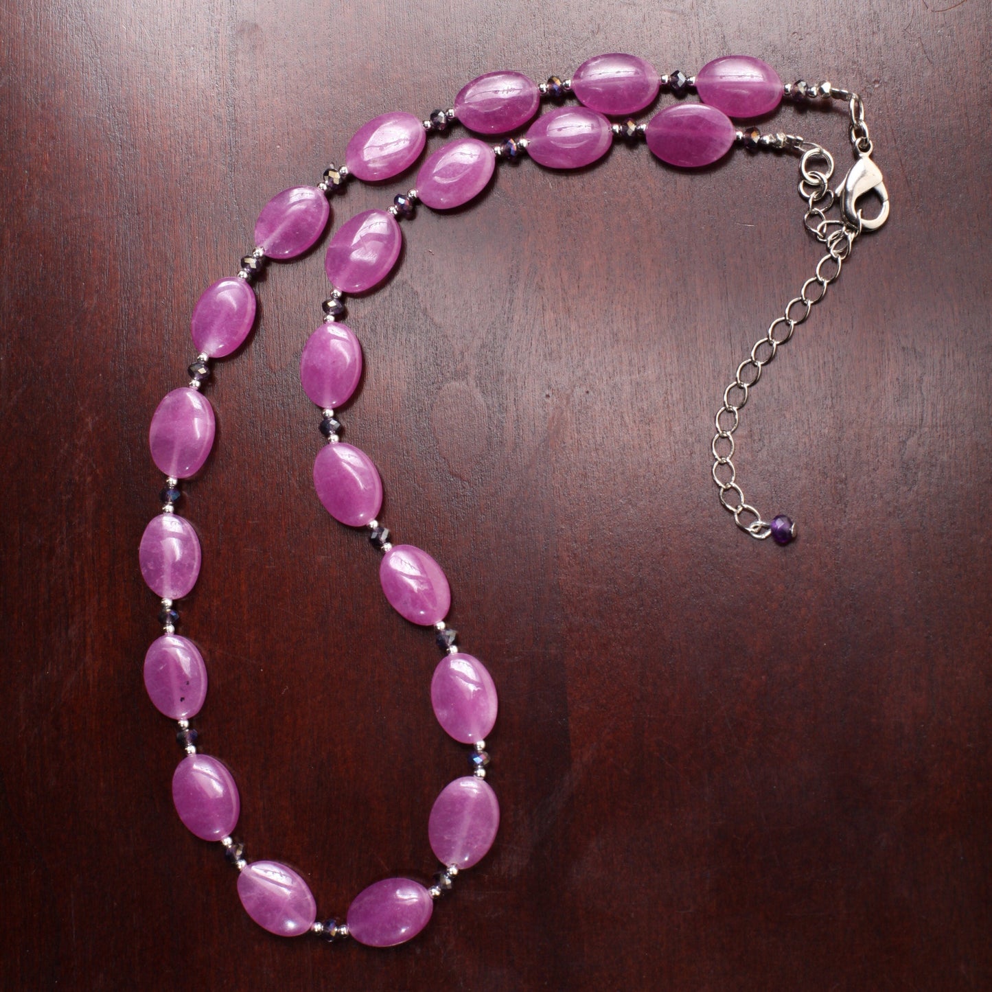 Purple orchid quartz smooth oval sterling silver , crystal accent rhodium clasp necklace, 18" plus 3" extension, spring collection, gift