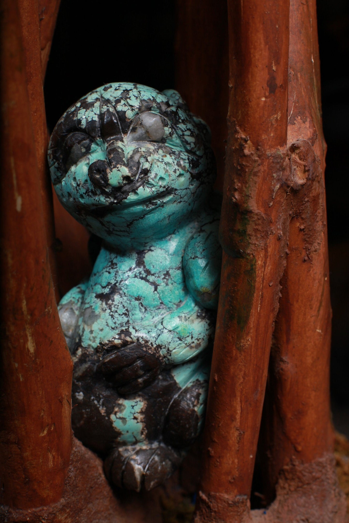 Genuine Spiderweb Turquoise Hand Carved Sloth, Totem, Miniature Animals Collectible Figurines Vintage Sculpture, Old Stock 746g 5x3x2.5"