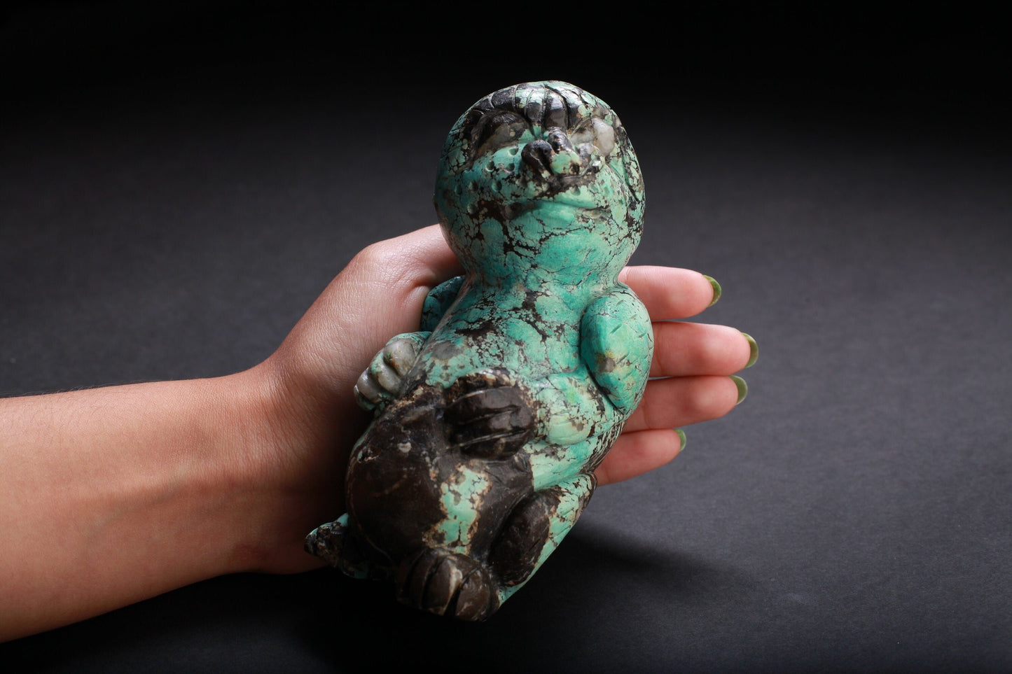 Genuine Spiderweb Turquoise Hand Carved Sloth, Totem, Miniature Animals Collectible Figurines Vintage Sculpture, Old Stock 746g 5x3x2.5"
