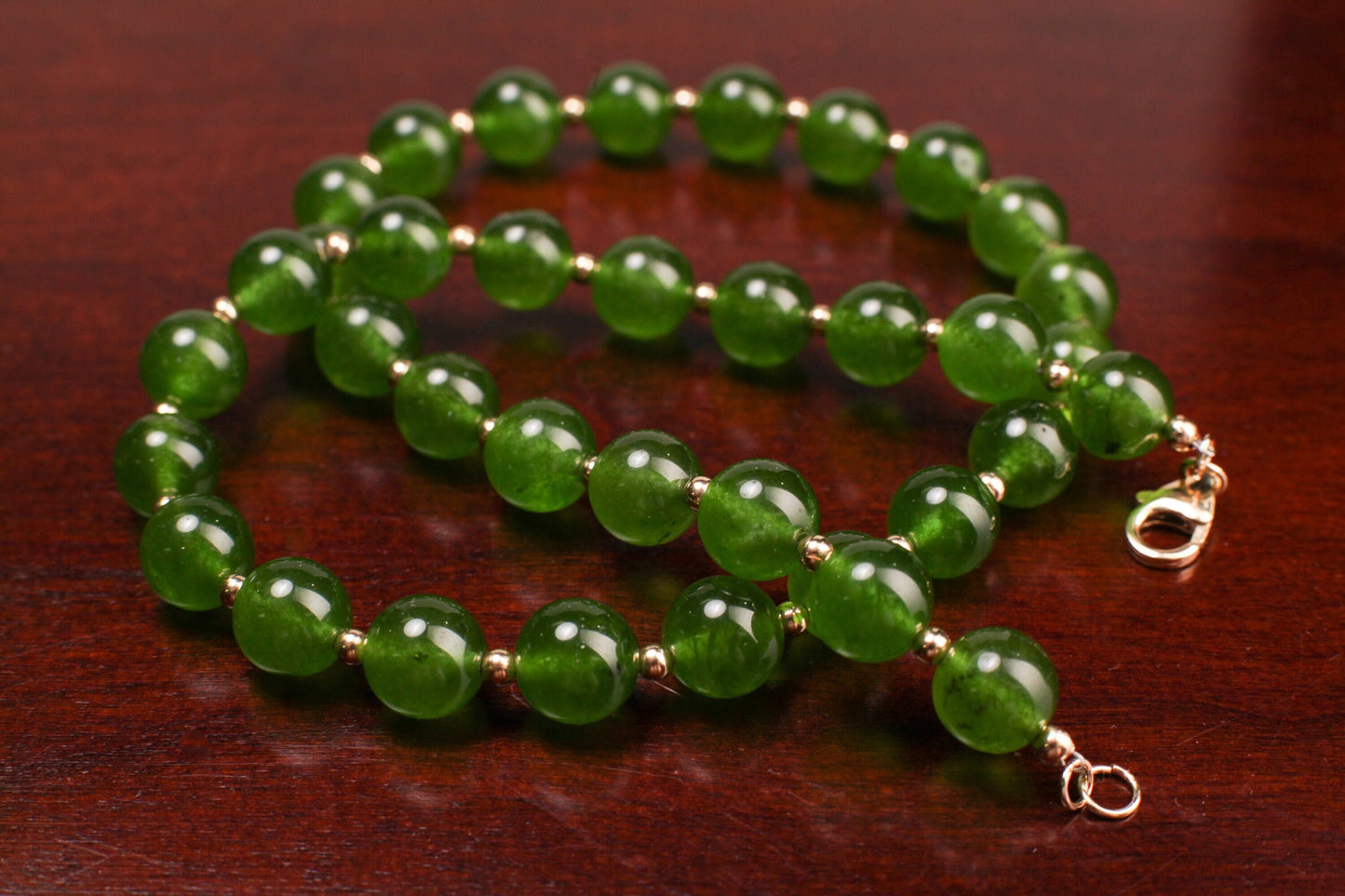 Genuine Green Jade, Nephrite Canada Jade 10mm Round Gold, Gold Filled Necklace, Strong Magnetic Clasp. High Quality Jade 16"- 34" Necklace