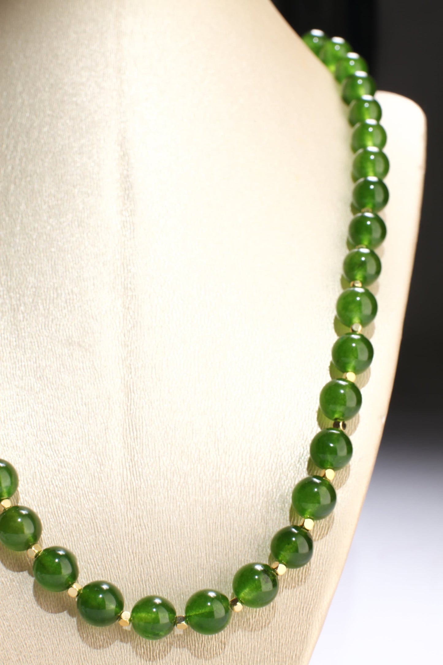 Genuine Green Jade, Nephrite Canada Jade 10mm Round Gold, Gold Filled Necklace, Strong Magnetic Clasp. High Quality Jade 16"- 34" Necklace