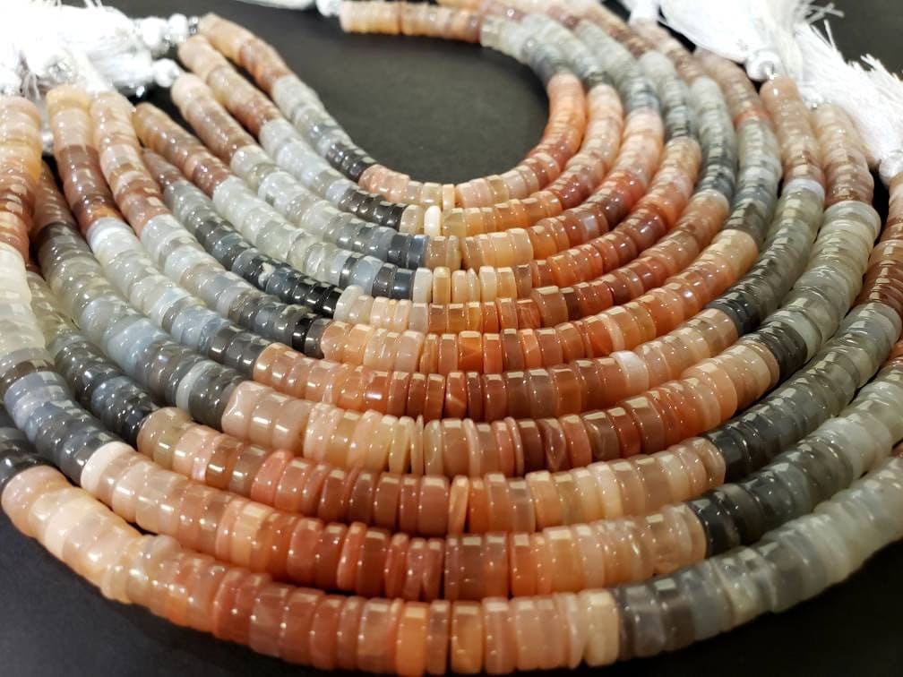 Natural multi Moonstone Heishe, shaded Gemstone brown smooth cut Heishe Moonstone Beads 6.5- 7mm DIY Jewelry Making, 8" Strand