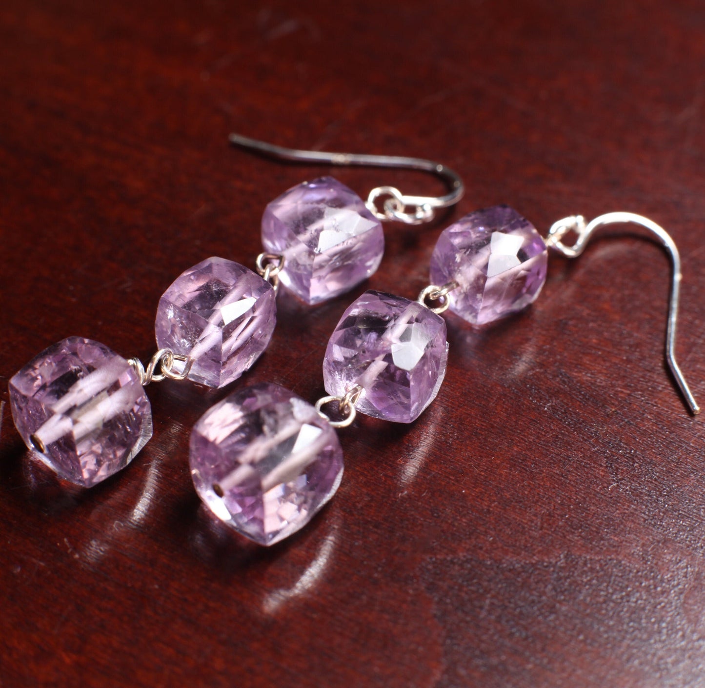 Pink Amethyst 7-9mm Cube Dangling Ear Wire in 925 Sterling Silver, Soothing Gem, Natural AAA Amethyst Square Ice Cube Gems