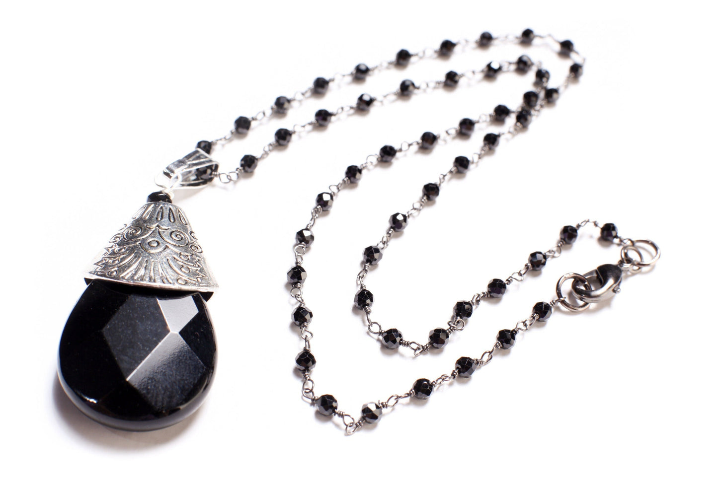Black Spinel Diamond Cut Necklace with Oxidized Silver Teardrop, Large Bali Style Cap, Black Onyx Pear Drop Pendant Necklace