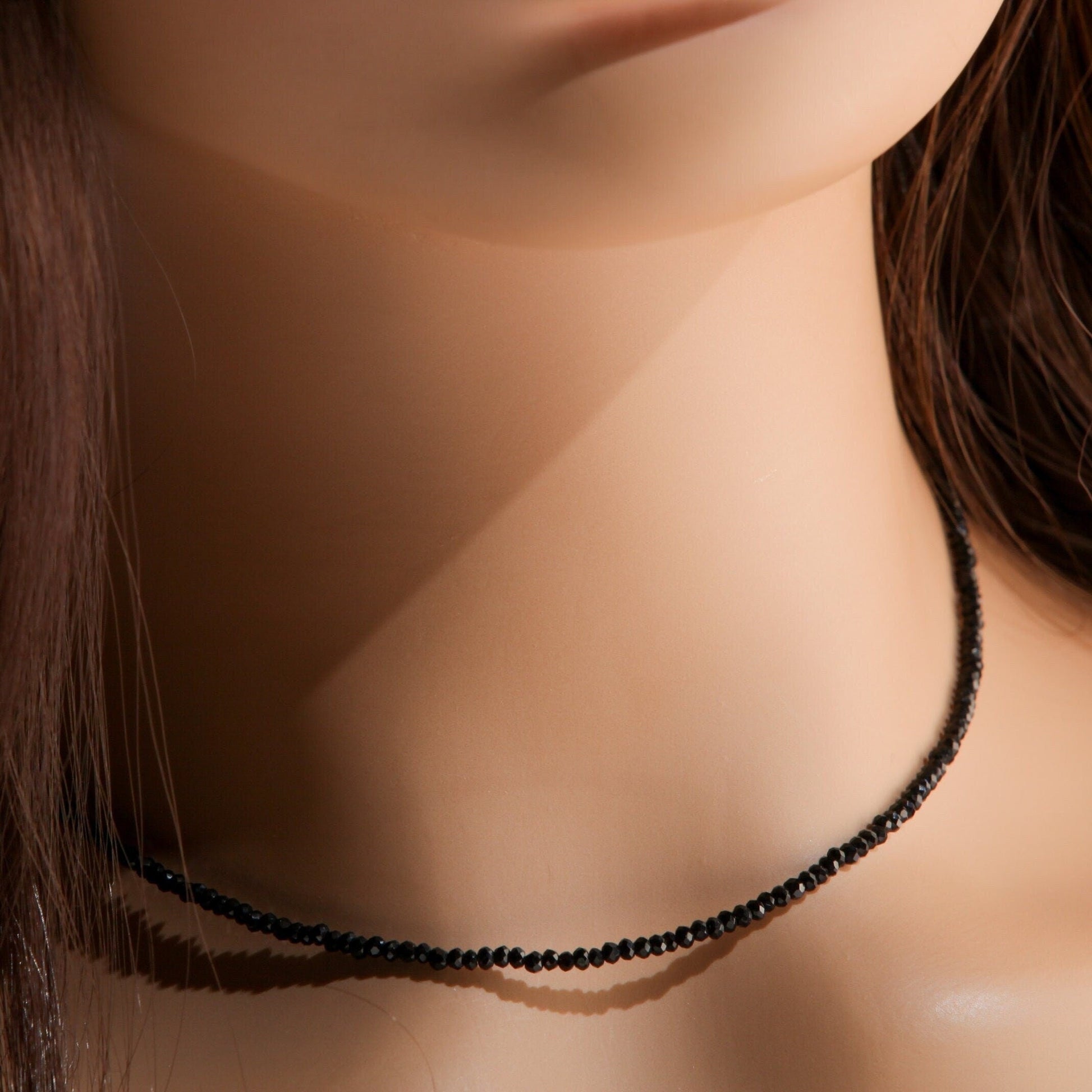 Natural Black Spinel Sterling Silver AAA High Quality Necklace Micro Faceted 2mm Diamond Cut Choker Minimalist,Layering Necklace 14" to 48"