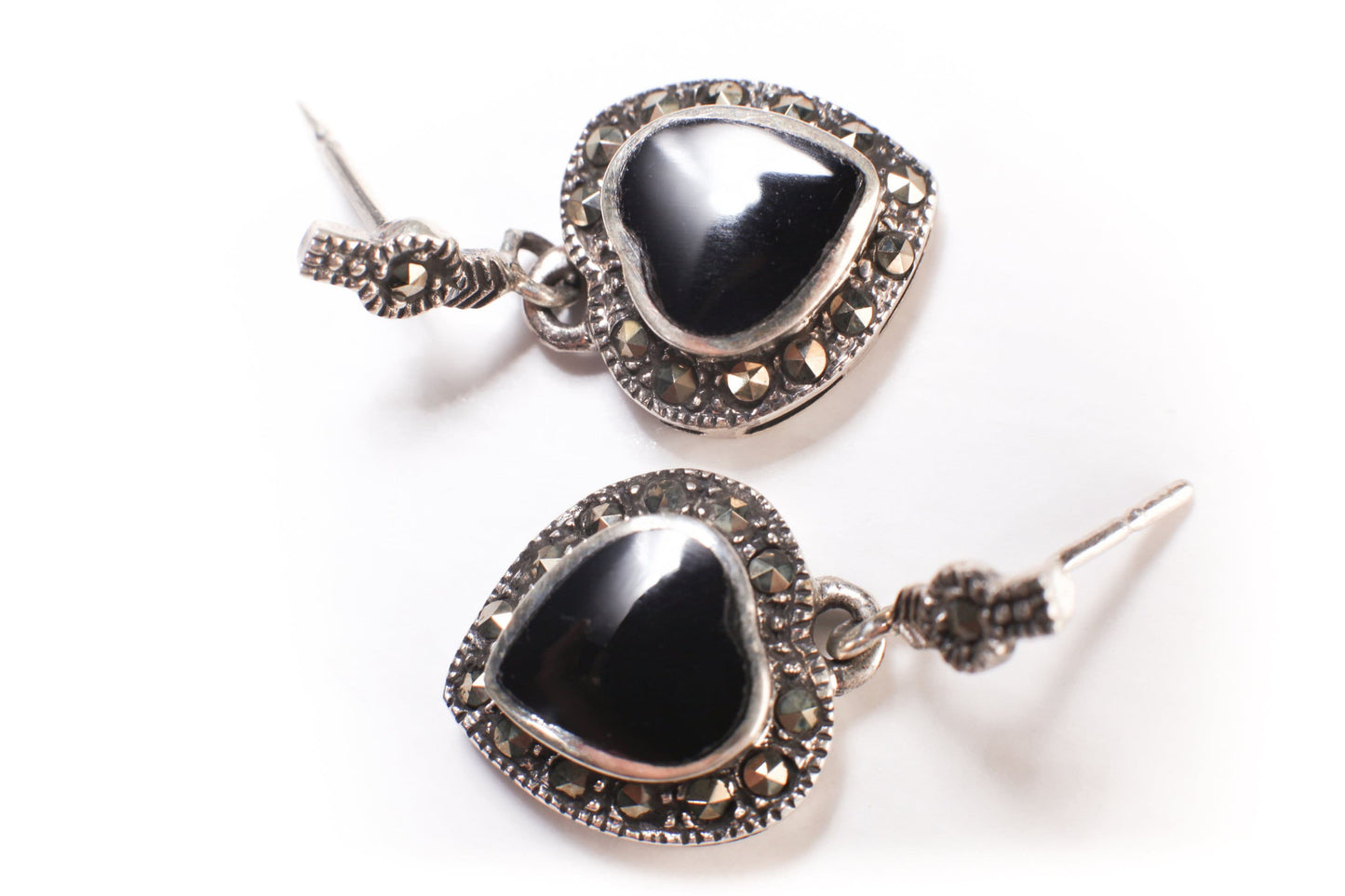 Marcasite 925 Sterling Silver Earrings Post with Dangle Black Onyx Heart Shape Vintage, Antique Marcasite Earrings Gift for her