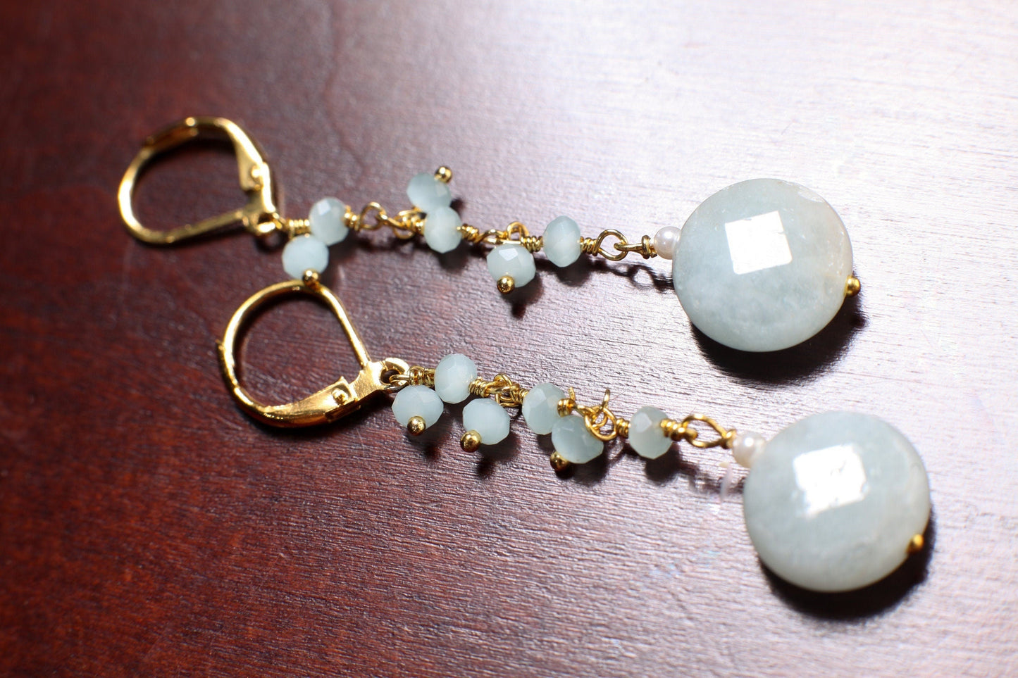 Aquamarine 12mm faceted Dime Dangling with Aqua Quartz Clusters wire wrapped Gold Leverback earrings ,Boho, Handmade, Gift for Her