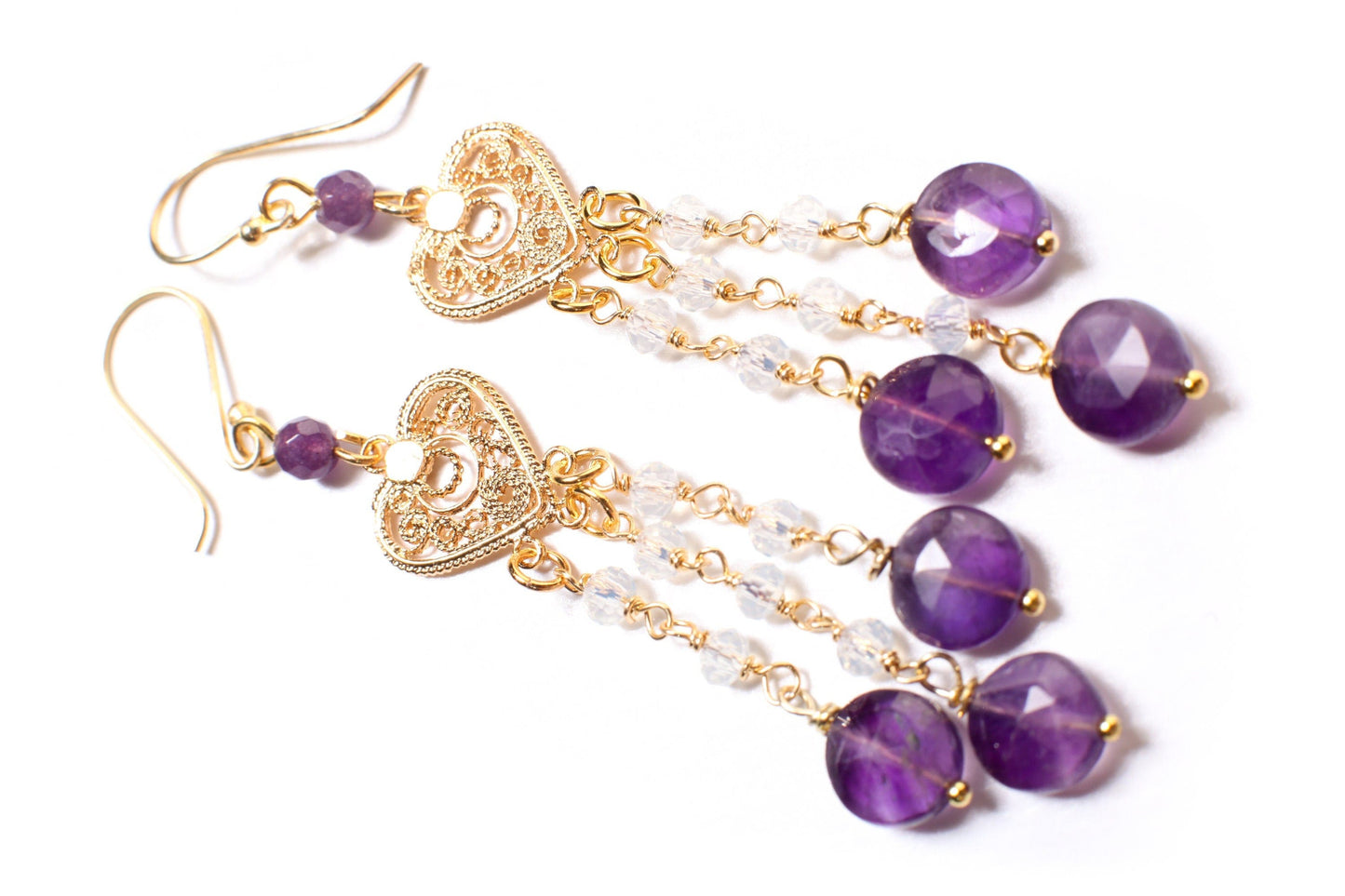 Natural Amethyst dangling Filigree Chandelier Heart,Faceted Opalite Spacers wire wrapped Gold Earrings, Handmade Gift for Her,