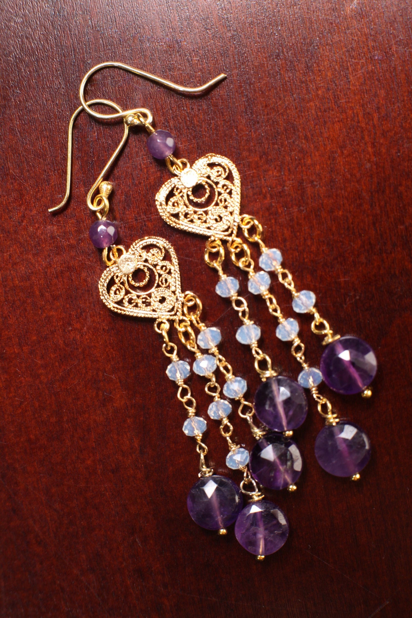 Natural Amethyst dangling Filigree Chandelier Heart,Faceted Opalite Spacers wire wrapped Gold Earrings, Handmade Gift for Her,