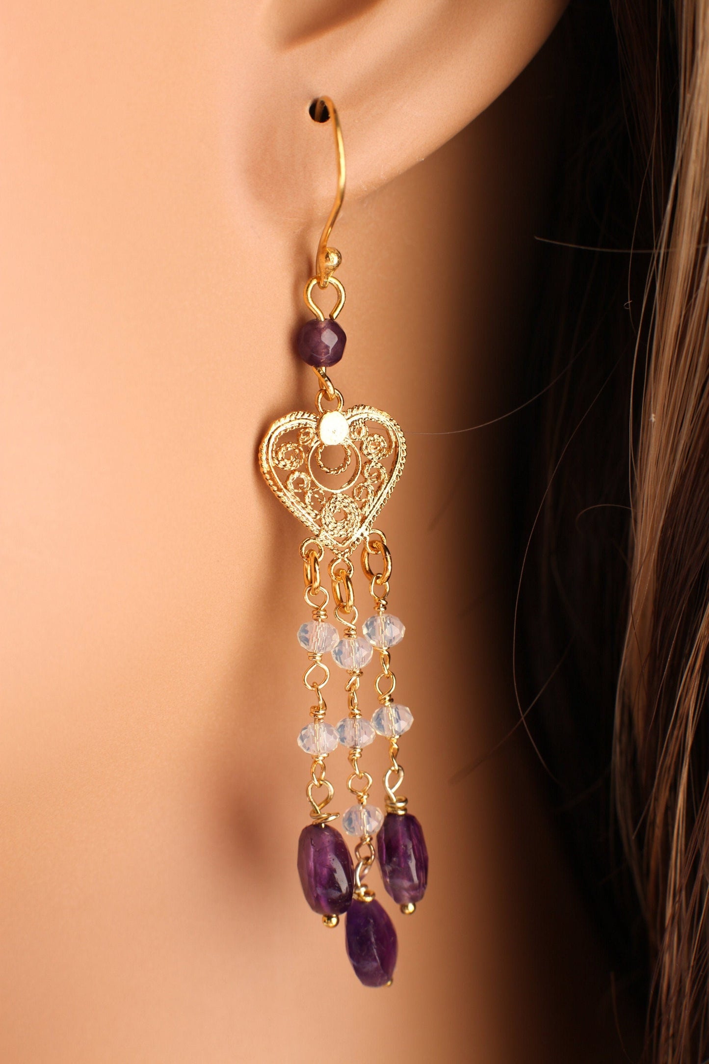 Natural Amethyst dangling Filigree Chandelier Heart,Faceted Opalite Spacers wire wrapped Gold Earrings, Handmade Gift for Her,