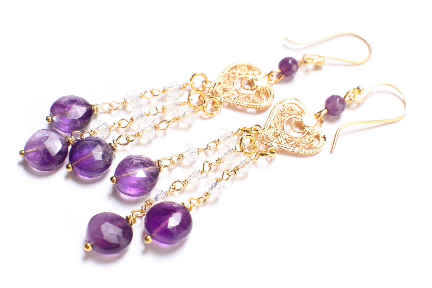 Natural Amethyst dangling Filigree Chandelier Heart,Faceted Opalite Spacers wire wrapped Gold Earrings, Handmade Gift for Her,