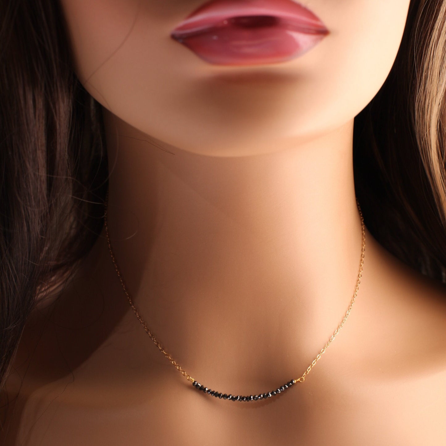 Natural Black Diamond Faceted 2mm Roundel in 14K Gold Filled or 925 Sterling Silver Bar Necklace, Precious Gift For her, healing gems.