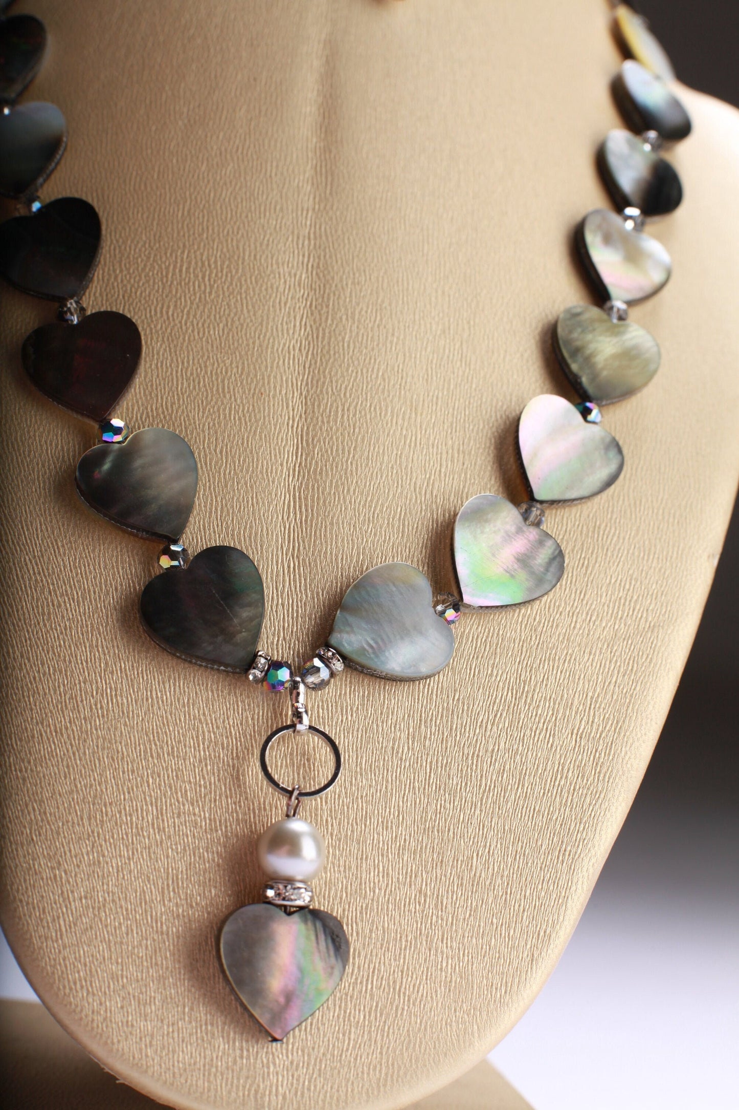 Natural Black Lip Mother of Pearl Heart Shaped 19" Necklace with 2.5" Extension paired with matching Healing Earrings set