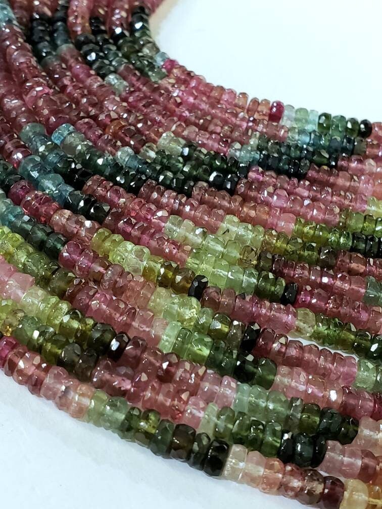Natural Watermelon Tourmaline 4-5.5mm Rondelle, AAA Quality Faceted Micro Diamond Cut Tourmaline Rondelle, Jewelry Making Beads 13" St