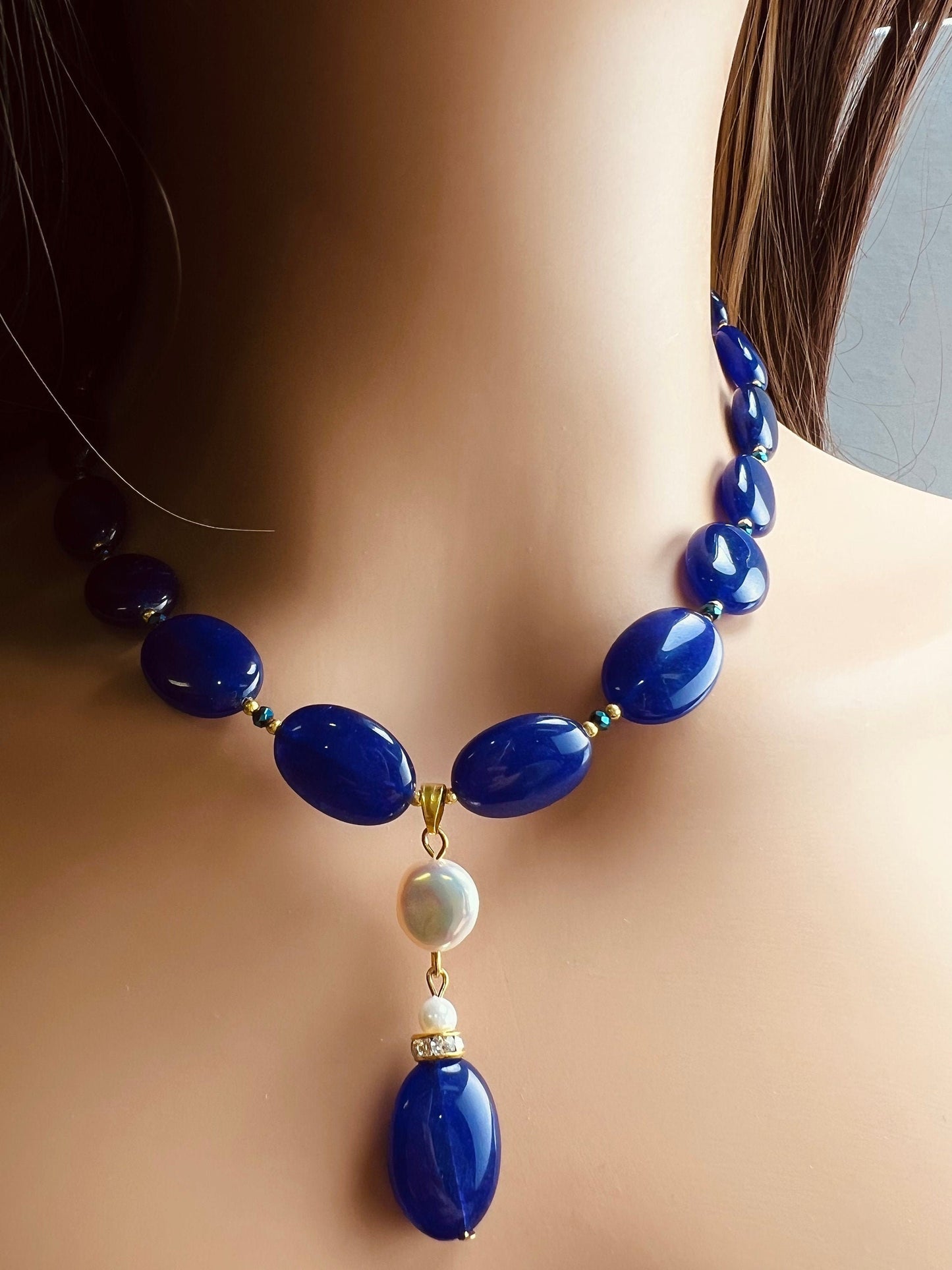 Dark blue Sapphire Jade Oval 13x18mm size Accent Freshwater coin pearl pendant 18" plus 2" Extension Necklace,Matching Earrings Jewelry Set