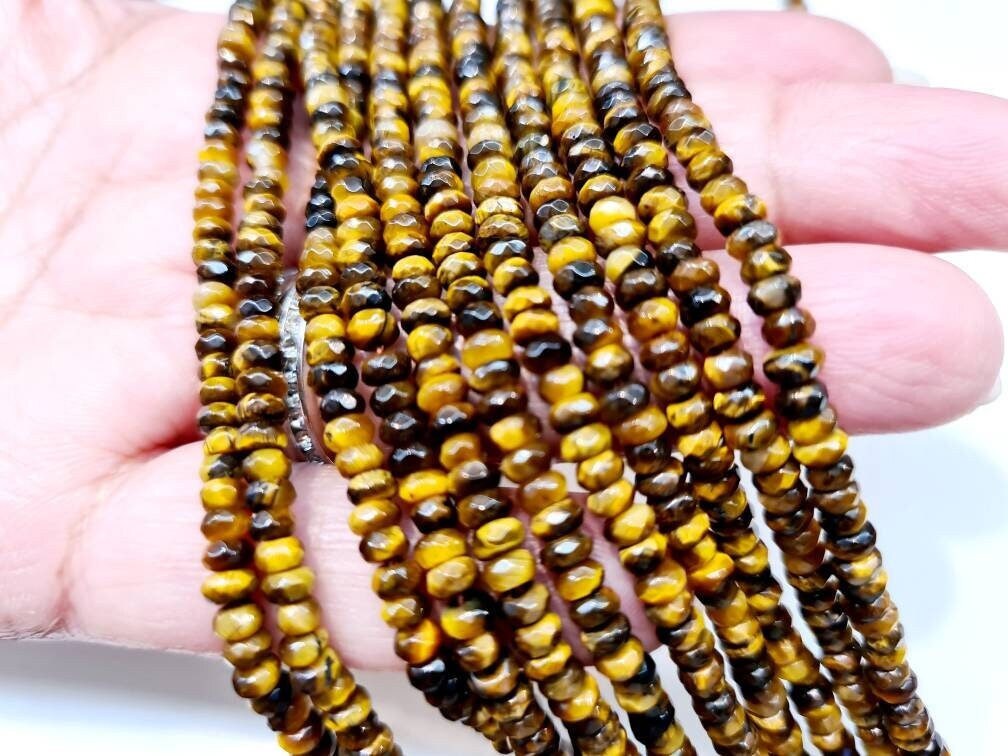 Natural Tiger Eye 3.5-4mm Faceted Rondelle, Jewelry Making Natural Tiger Eye Gemstone Beads 15" Strand