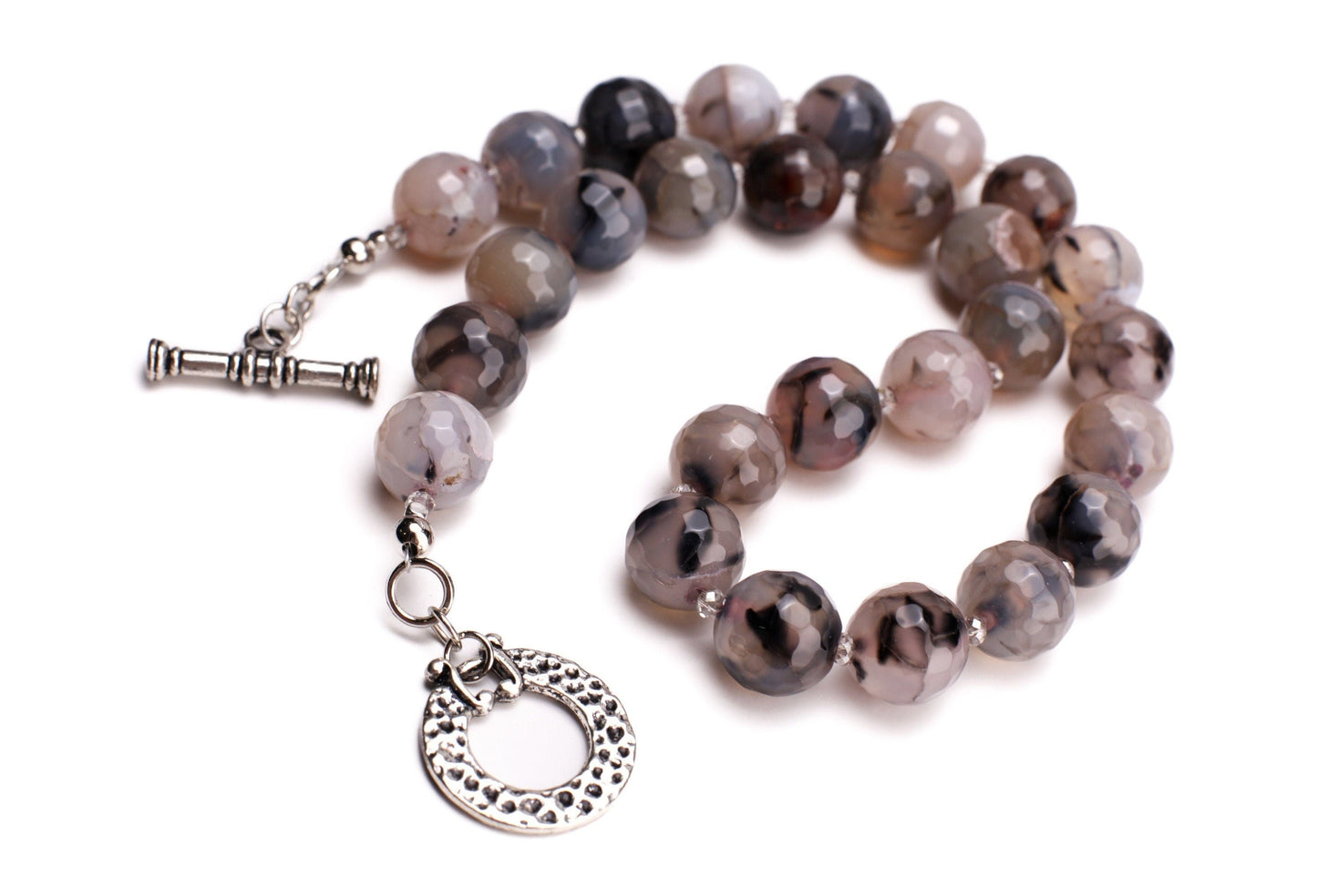 Natural Fire Agate, Dragon Vein Agate,14mm Faceted large Round 19" Toggle Necklace Matching Earrings Jewelry Set.
