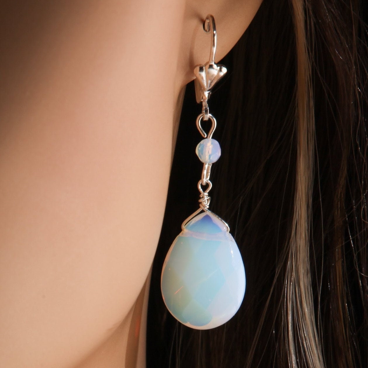 Opalite Faceted large drop Briolette 15x20mm Tear Drop Dangling with Opalite Rondelle in Silver Leverback Earrings