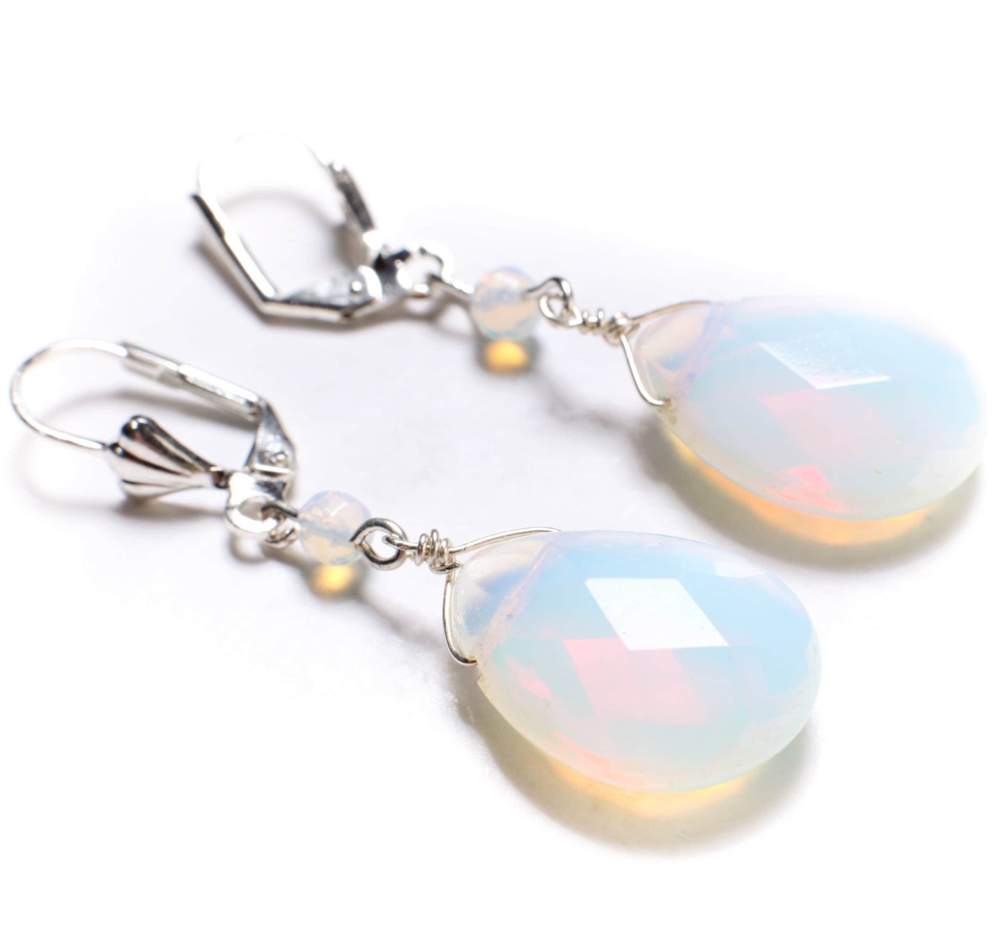 Opalite Faceted large drop Briolette 15x20mm Tear Drop Dangling with Opalite Rondelle in Silver Leverback Earrings