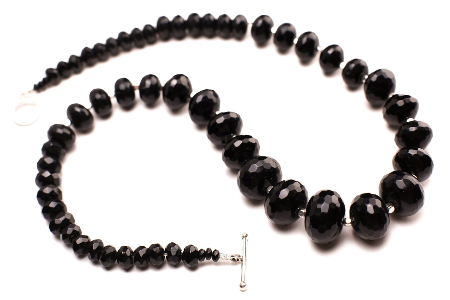 Black Onyx Faceted Graduated Rondelle 7-17mm with Silver Bali Style Spacers And toggle clasp 18" Necklace