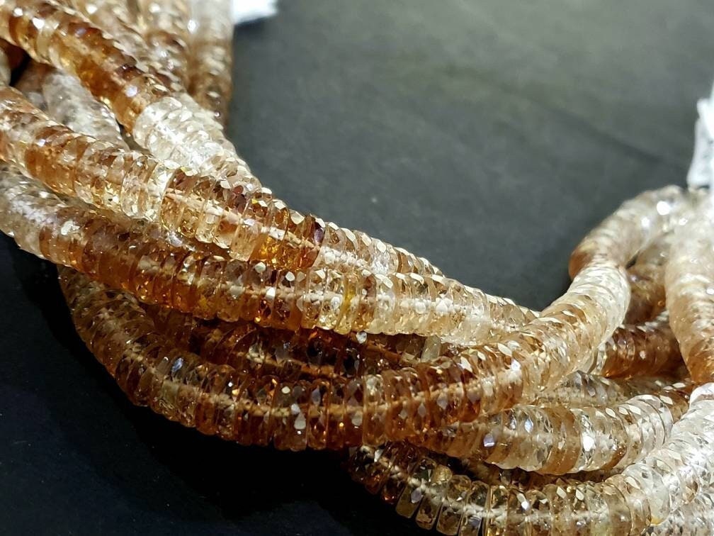 Imperial Topaz Faceted Heishi, Natural AAA Imperial Topaz Gemstone brown Heishi Shaded Beads 6-7.5mm DIY Jewelry Making, 8" Strand
