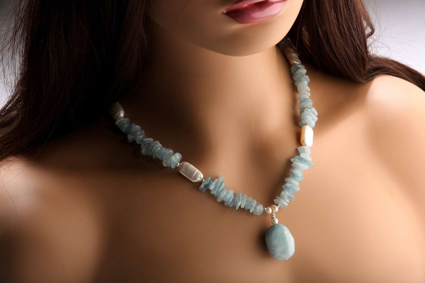 Natural Aquamarine Faceted Free Form tumbled chips nugget, Aquamarine Pendant, Biwa Freshwater stick Pearl spacer,19”&2”ext,gift , Chakra