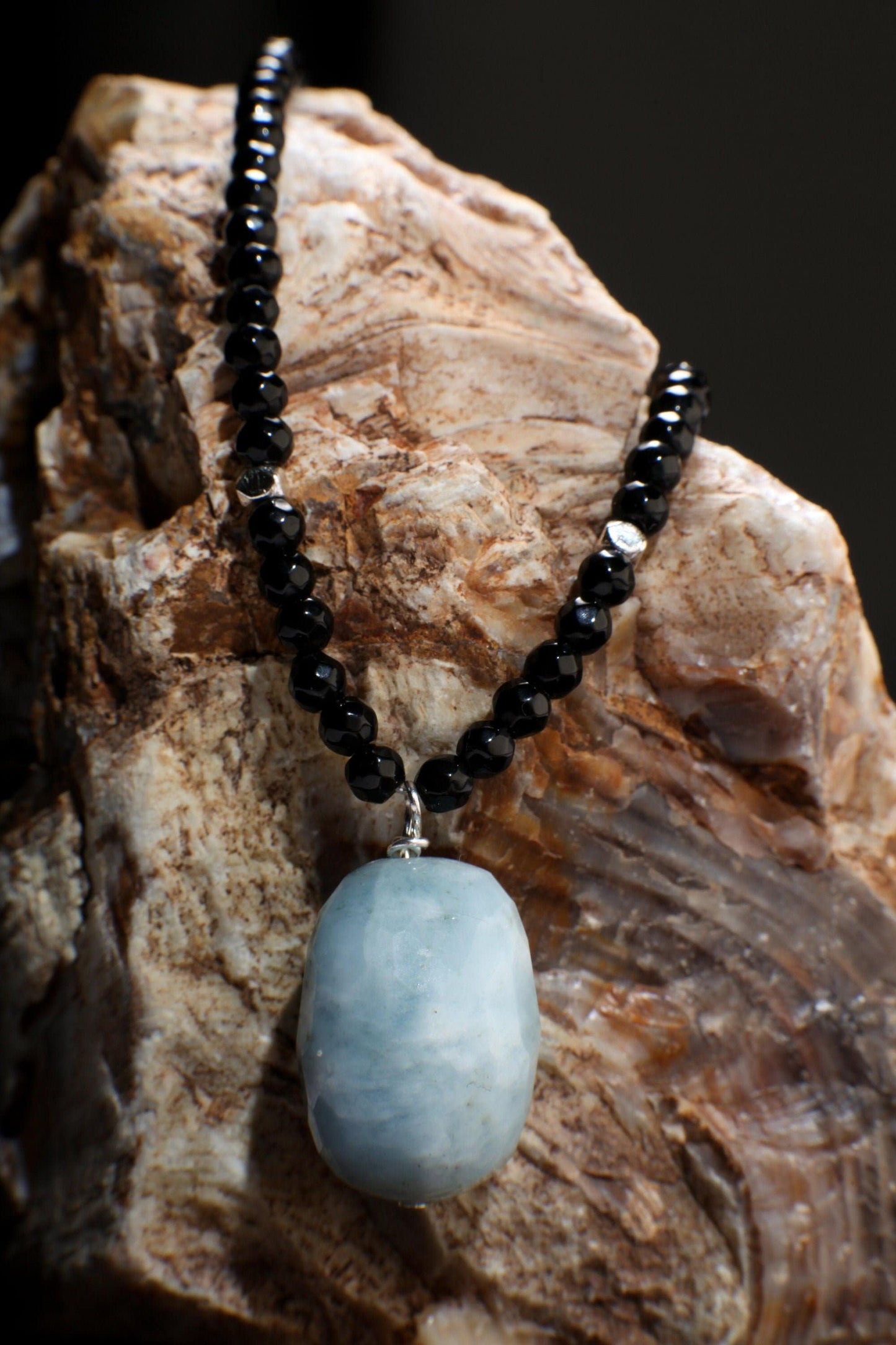 Aquamarine Pendant Necklace, Genuine Aquamarine Faceted Free Form Pendant with Black Onyx Faceted Rondelle 22" Necklace