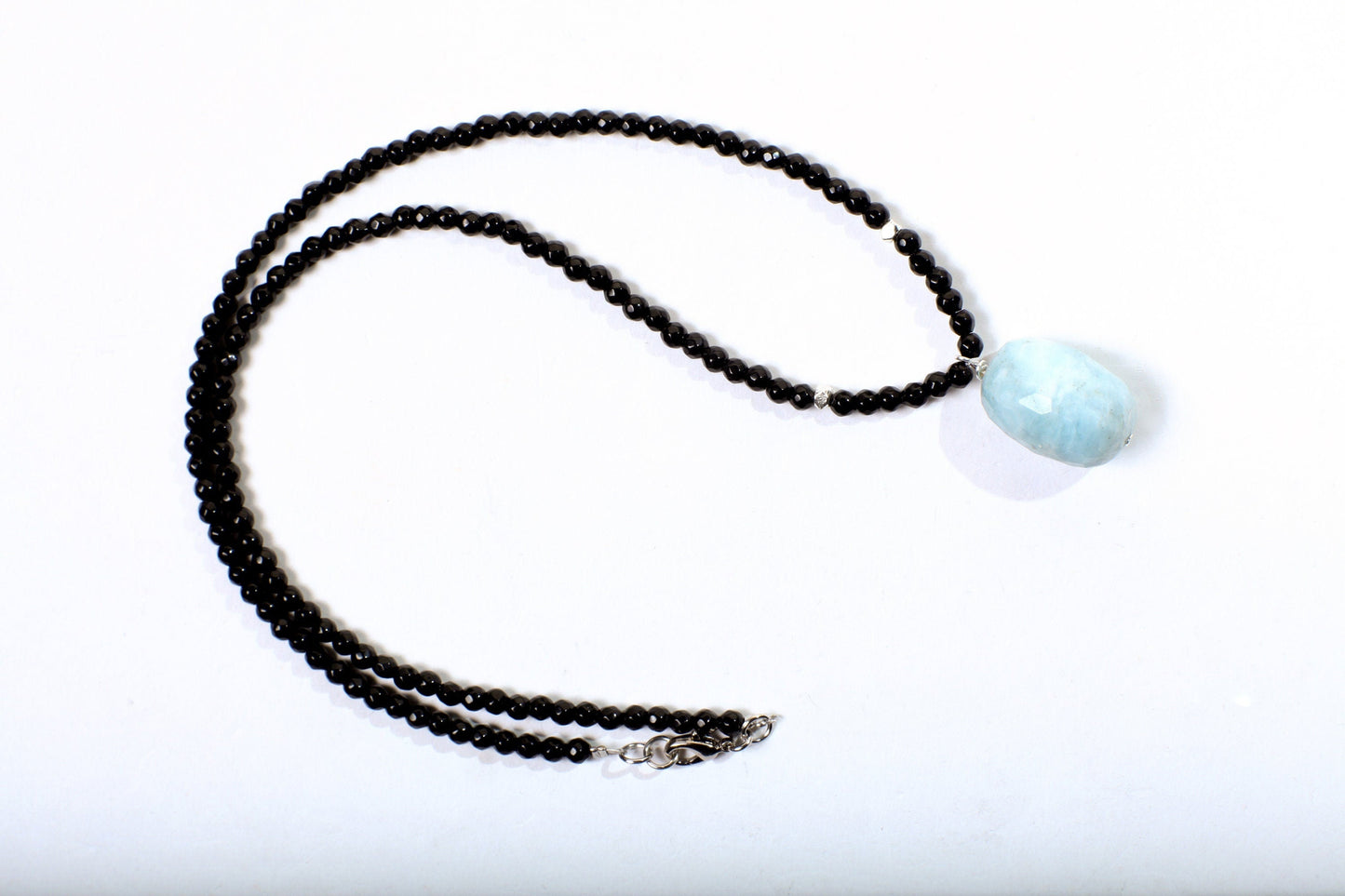 Aquamarine Pendant Necklace, Genuine Aquamarine Faceted Free Form Pendant with Black Onyx Faceted Rondelle 22" Necklace