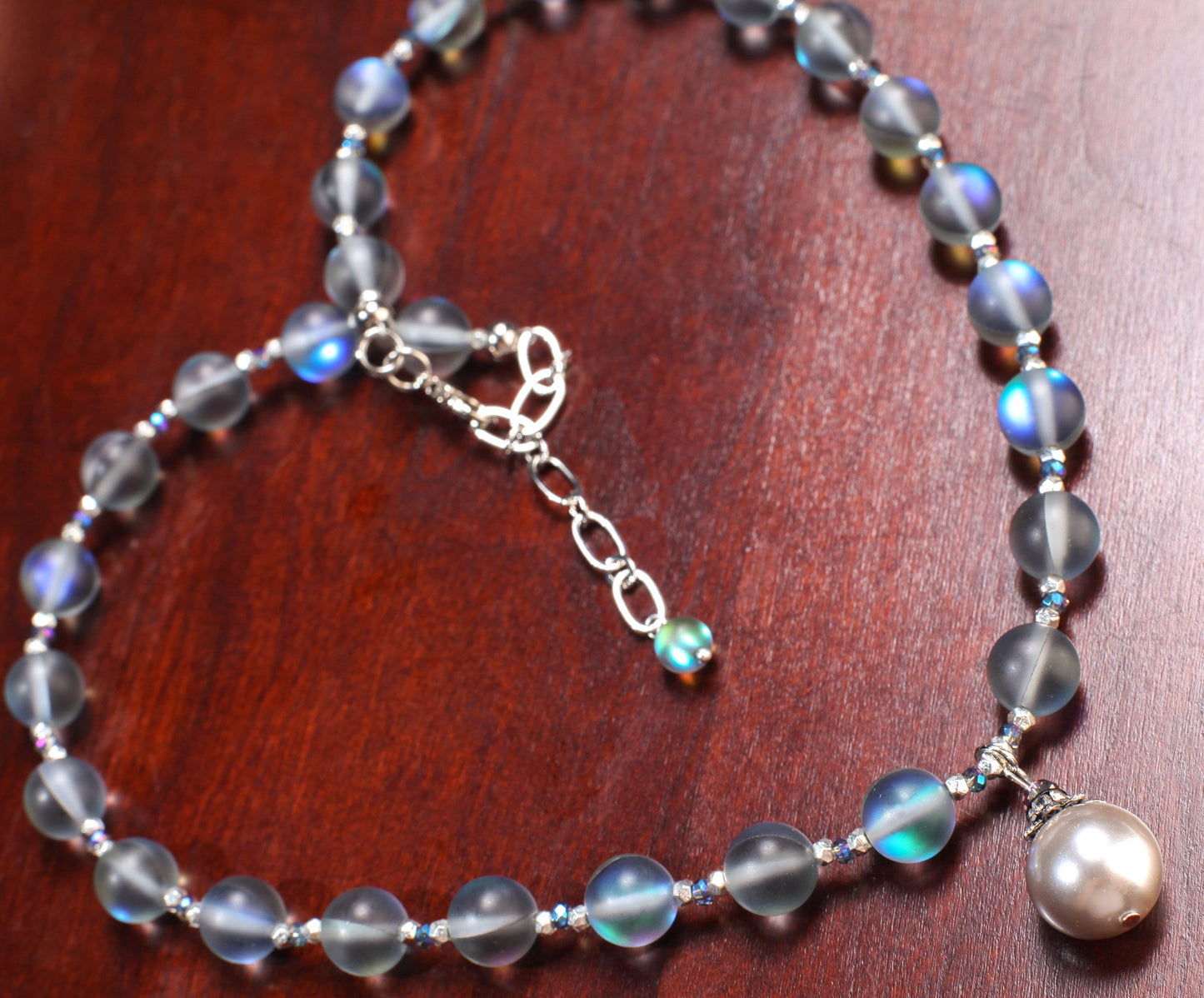 Matte Sea Glass, Mermaid glow Bead 10mm Round with South Seashell Pearl 14mm Pendant 18" Necklace with 3" Extension