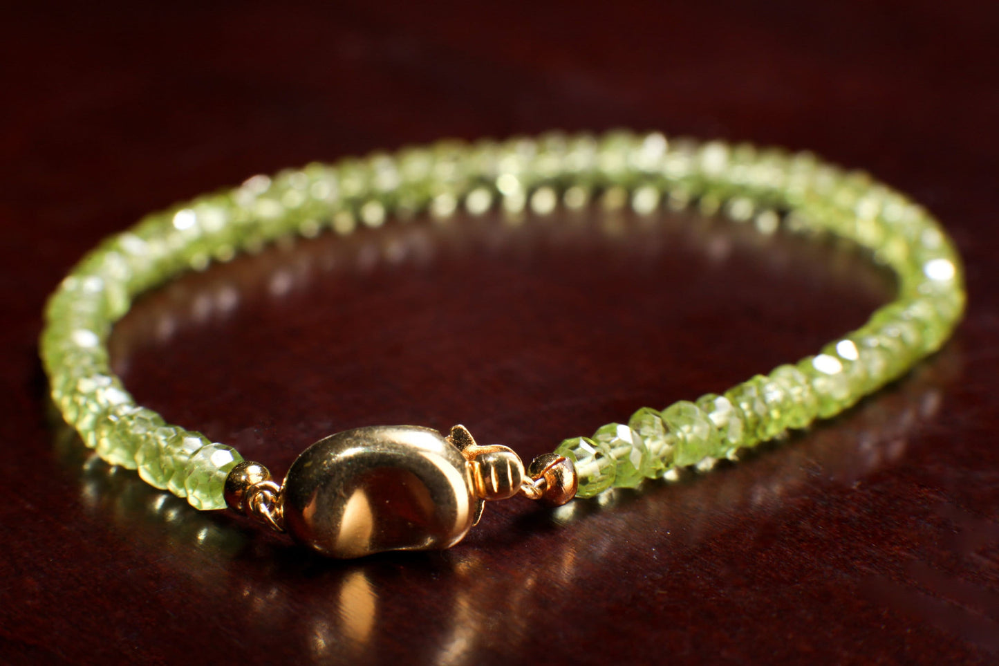 Peridot Faceted 4mm Rondelle with 18K Gold Vermeil or 925 Sterling Silver Bean Shape Clasp Bracelet Gift for her