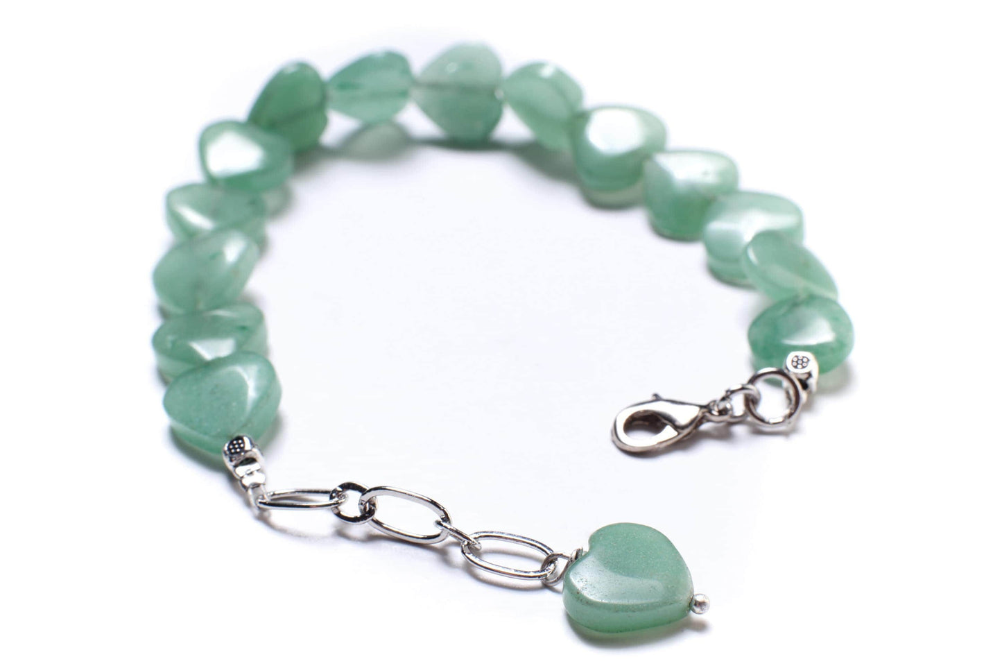 Natural Green Aventurine 12mm Heart Bracelet with 1" extension, Rhodium Silver, Aventurine Healing Gemstone, Gift for Her