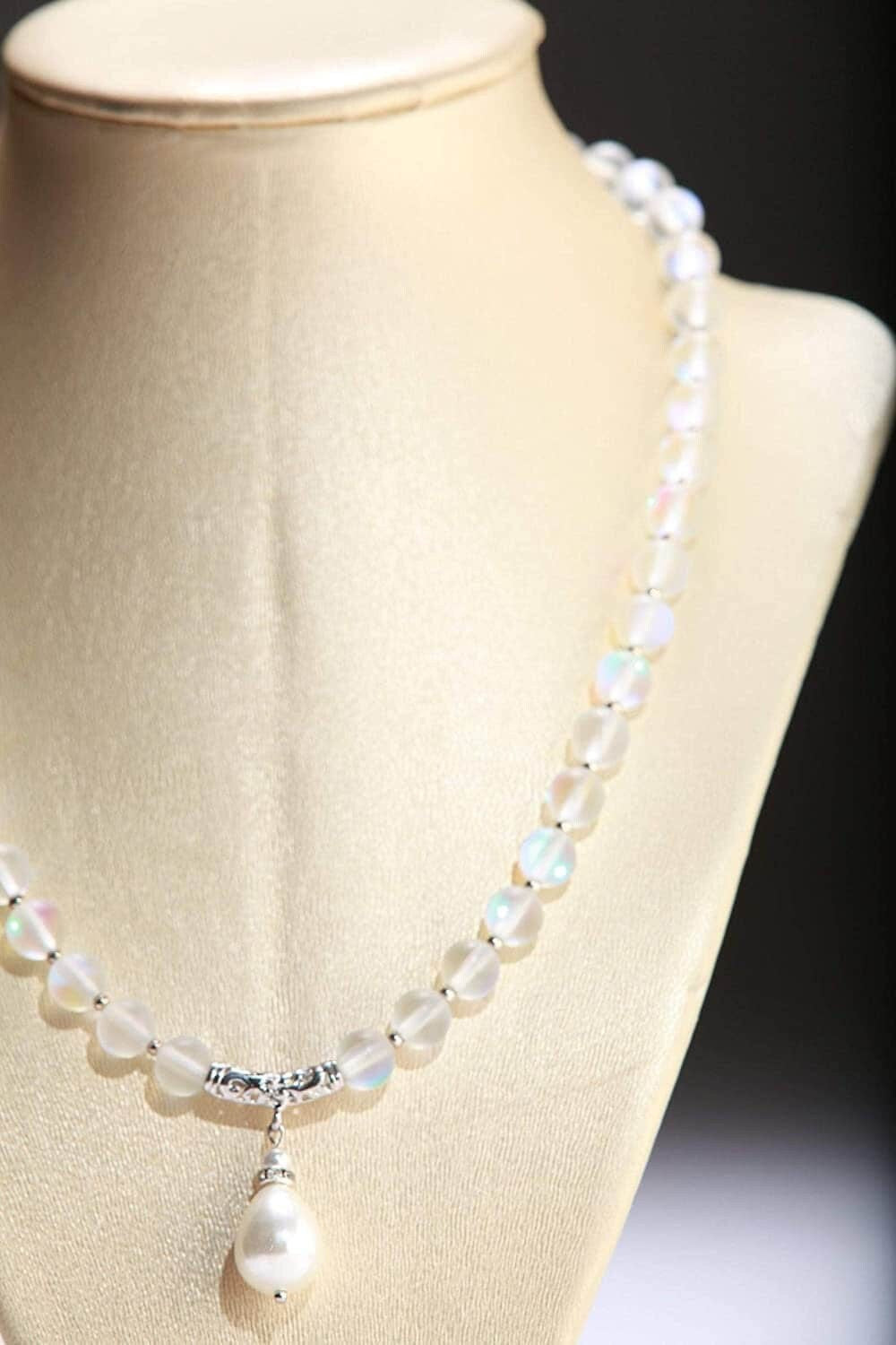 Mermaid Sea Glass 10mm Round with Baroque South Seashell Pearl Briolette Pendant 18.5" Necklace, 3" Extension, Matching Earrings Jewelry Set