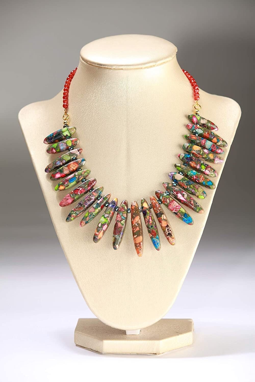 Multi Color Graduated Impression Jasper 28-45mm spike Necklace, 4mm Faceted Carnelian, Gold, Boho Statement Bib Necklace 18"+2" extension