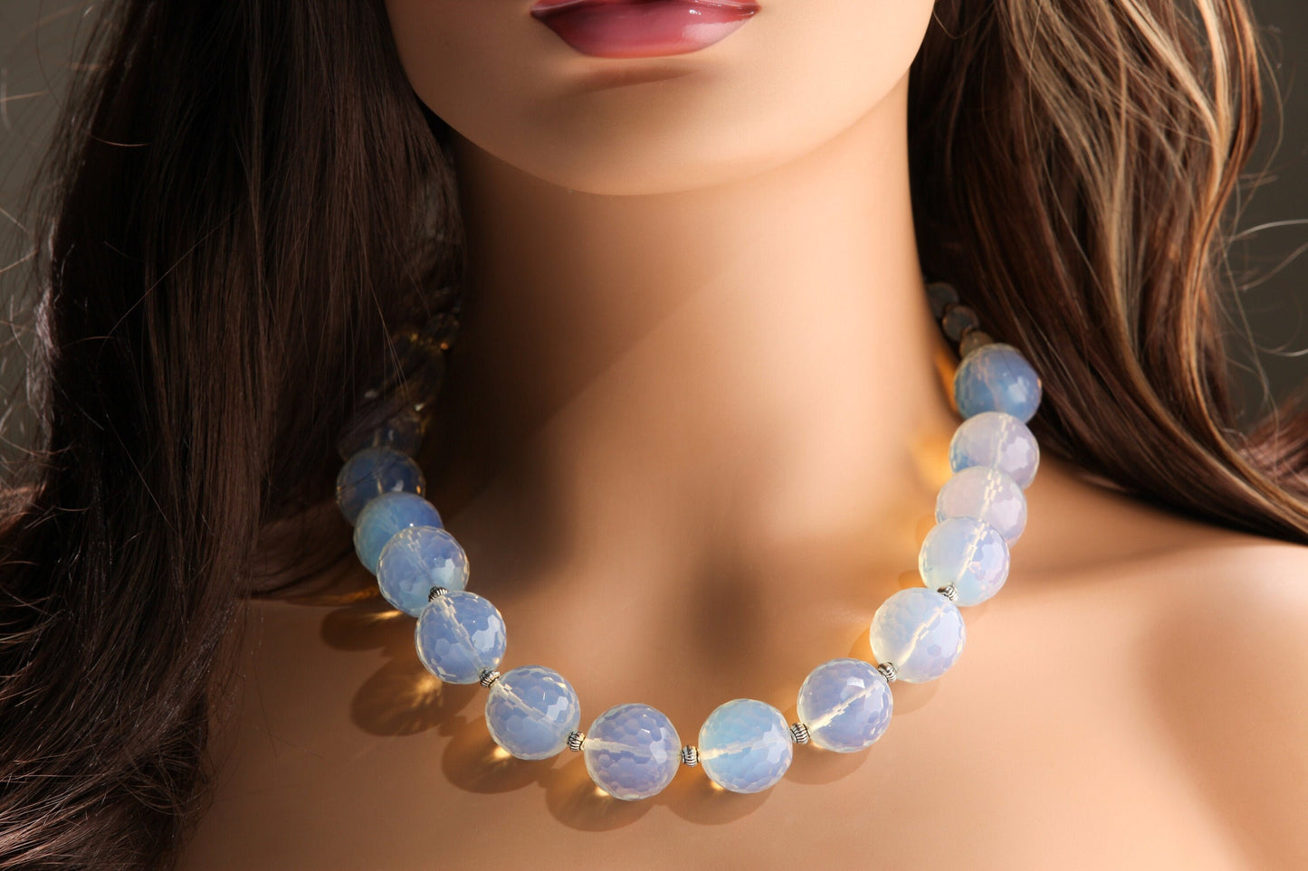Opalite 18mm Faceted Round AAA quality with 6mm Faceted Opalite and Bali Spacer Beads 21.5" Necklace