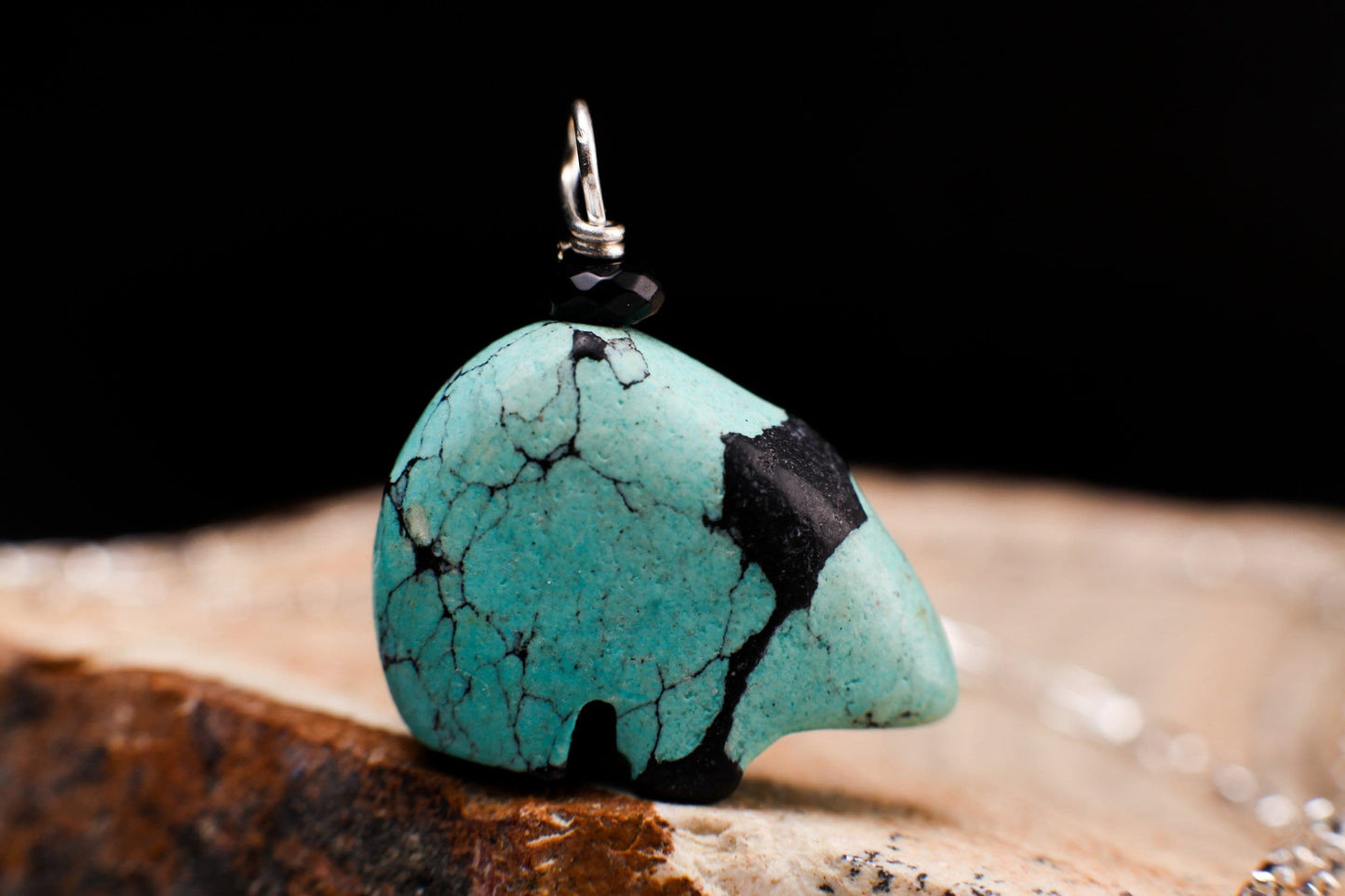Genuine Tibetan Spiderweb Turquoise Carved Zuni Bear Vintage Gemstone Charm in 925 Sterling Silver Necklace Optional ,Choose your Bear .