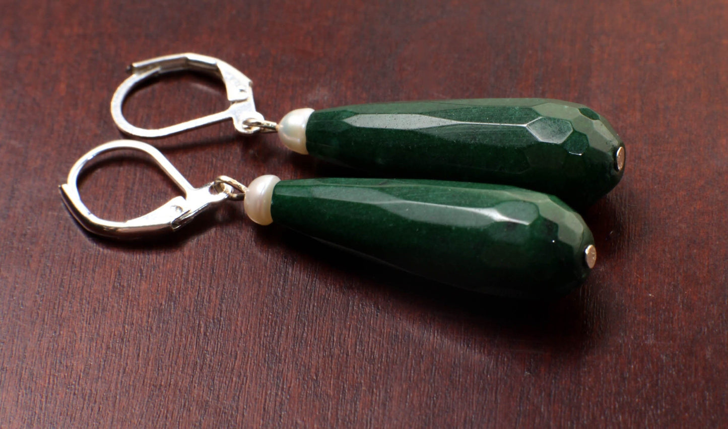Dark Green Emerald Jade 20×40mm Long Teardrop with Freshwater Button Pearl, Silver or Gold Leverback Earrings, Gift for her